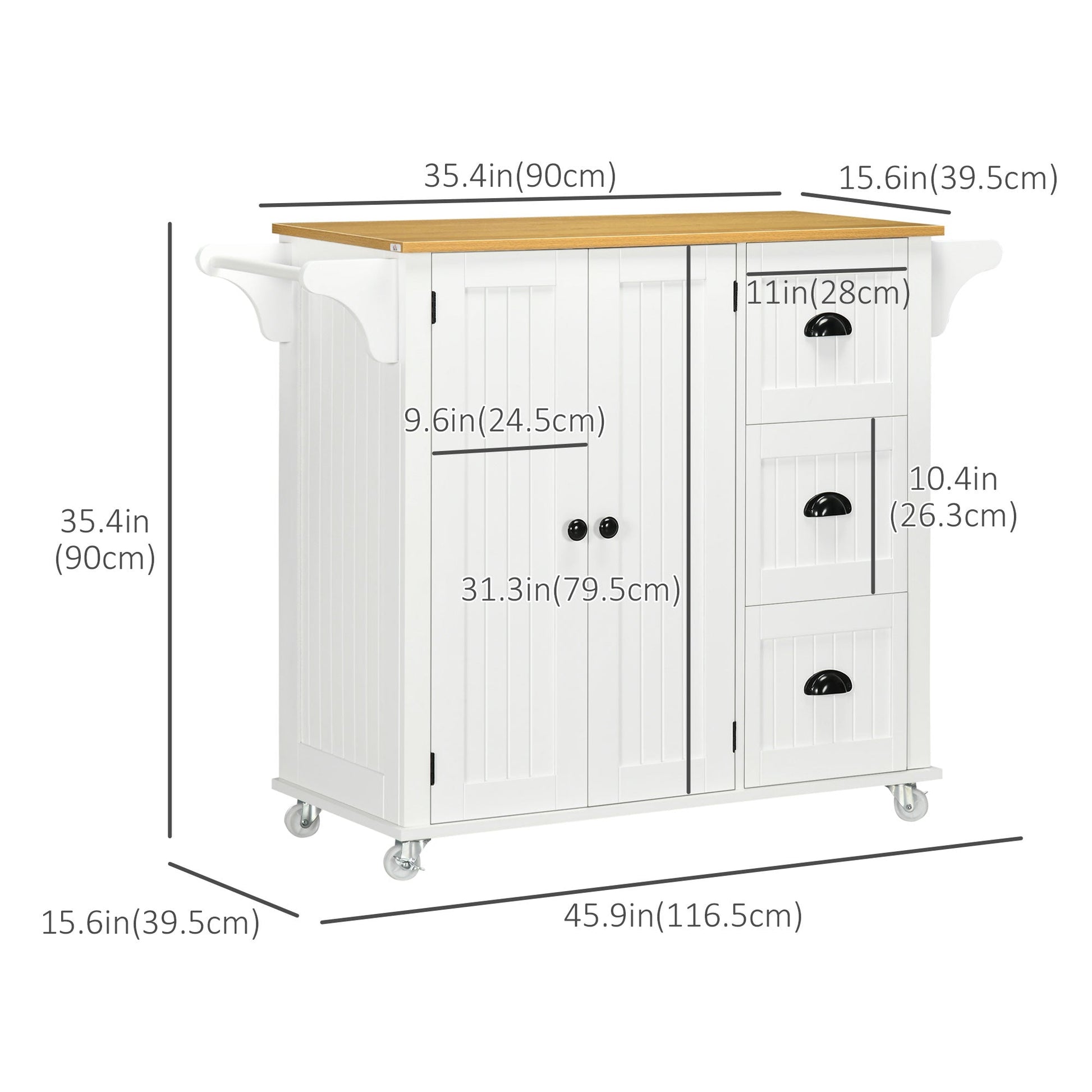 Modern Rolling Kitchen Island Cart with 3 Drawers Towel Rack Double Door Storage Cabinet White Kitchen Islands & Kitchen Carts   at Gallery Canada