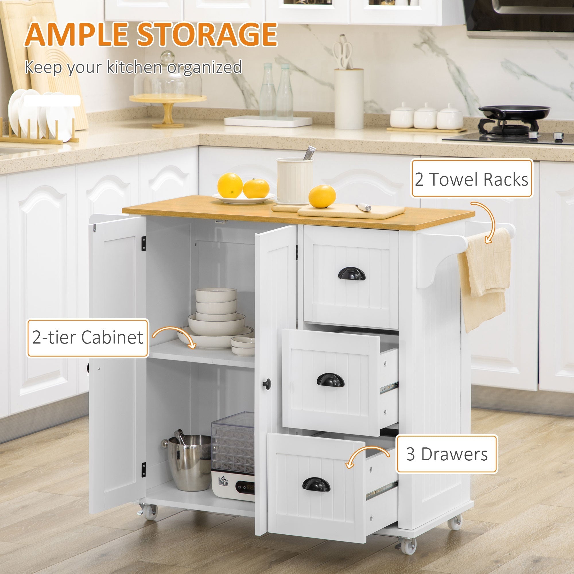 Modern Rolling Kitchen Island Cart with 3 Drawers Towel Rack Double Door Storage Cabinet White Kitchen Islands & Kitchen Carts   at Gallery Canada