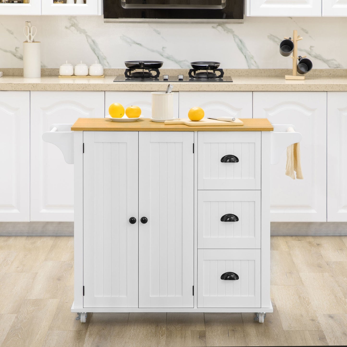 Modern Rolling Kitchen Island Cart with 3 Drawers Towel Rack Double Door Storage Cabinet White Kitchen Islands & Kitchen Carts   at Gallery Canada