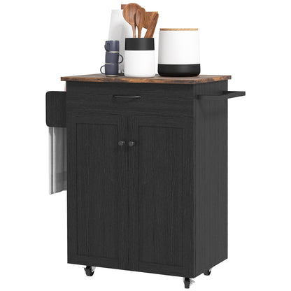 Modern Rolling Kitchen Island Cart with Drawer, Natural Wood Top, Towel Rack, Door Storage Cabinet, Distressed Black Kitchen Islands & Kitchen Carts Multi Colour  at Gallery Canada