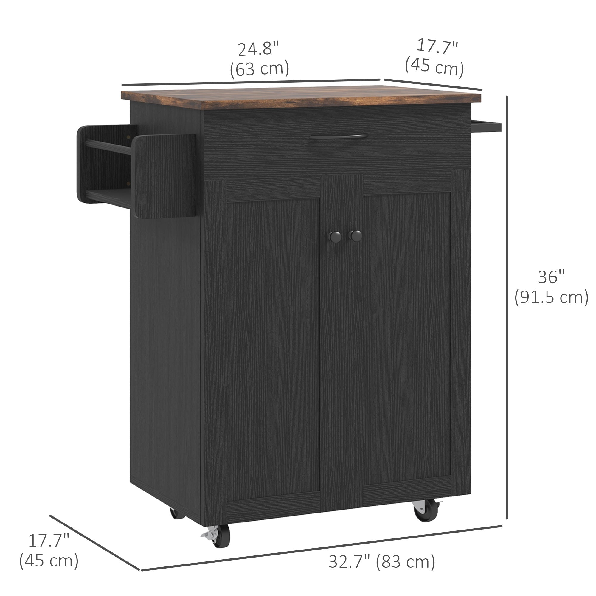 Modern Rolling Kitchen Island Cart with Drawer, Natural Wood Top, Towel Rack, Door Storage Cabinet, Distressed Black Kitchen Islands & Kitchen Carts   at Gallery Canada