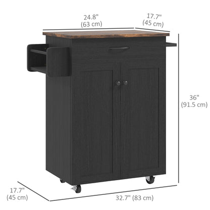 Modern Rolling Kitchen Island Cart with Drawer, Natural Wood Top, Towel Rack, Door Storage Cabinet, Distressed Black Kitchen Islands & Kitchen Carts   at Gallery Canada