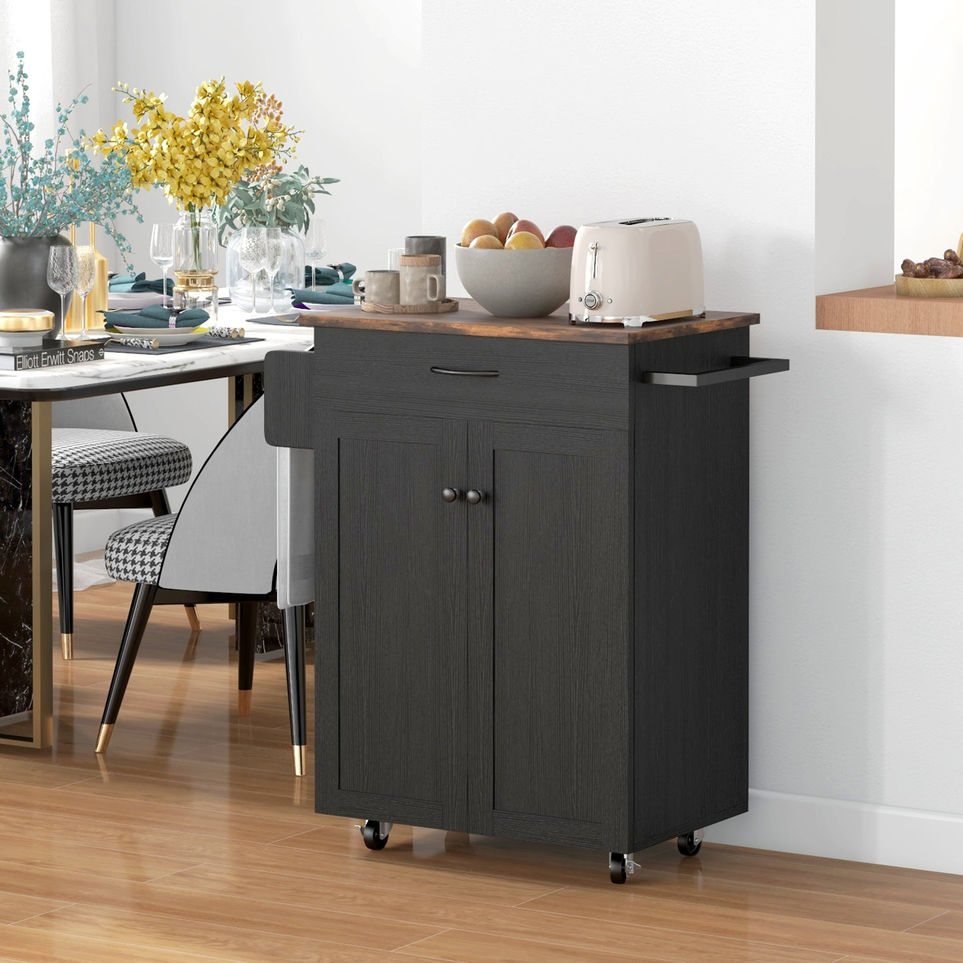 Modern Rolling Kitchen Island Cart with Drawer, Natural Wood Top, Towel Rack, Door Storage Cabinet, Distressed Black Kitchen Islands & Kitchen Carts   at Gallery Canada