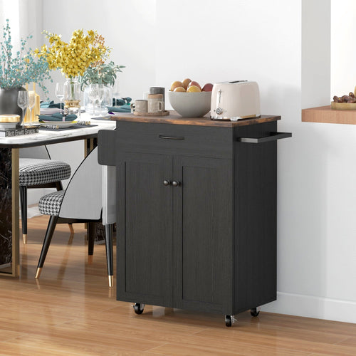 Modern Rolling Kitchen Island Cart with Drawer, Natural Wood Top, Towel Rack, Door Storage Cabinet, Distressed Black