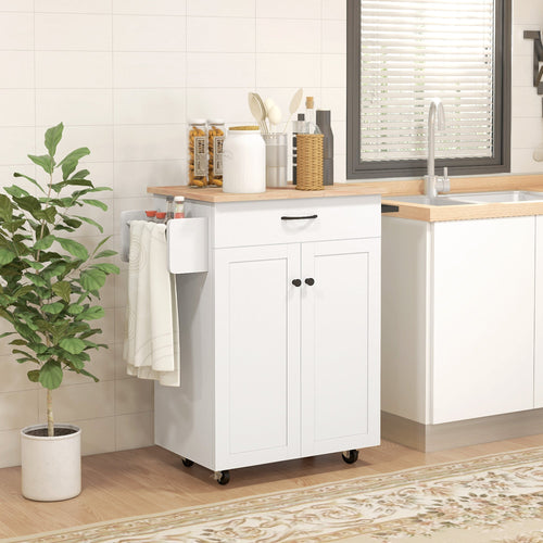 Modern Rolling Kitchen Island Cart with Drawer, Natural Wood Top, Towel Rack, Door Storage Cabinet, Distressed White