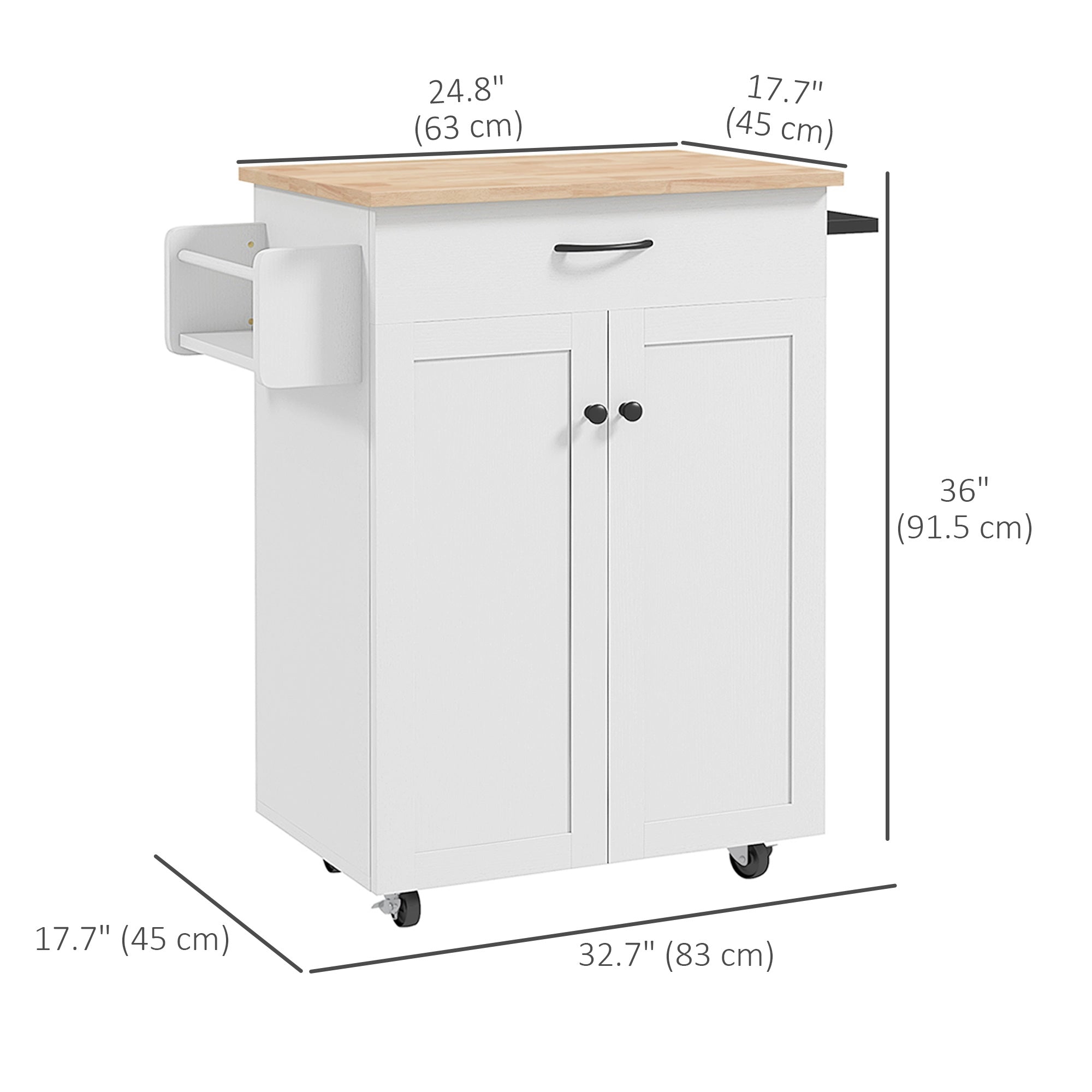 Modern Rolling Kitchen Island Cart with Drawer, Natural Wood Top, Towel Rack, Door Storage Cabinet, Distressed White Kitchen Islands & Kitchen Carts   at Gallery Canada