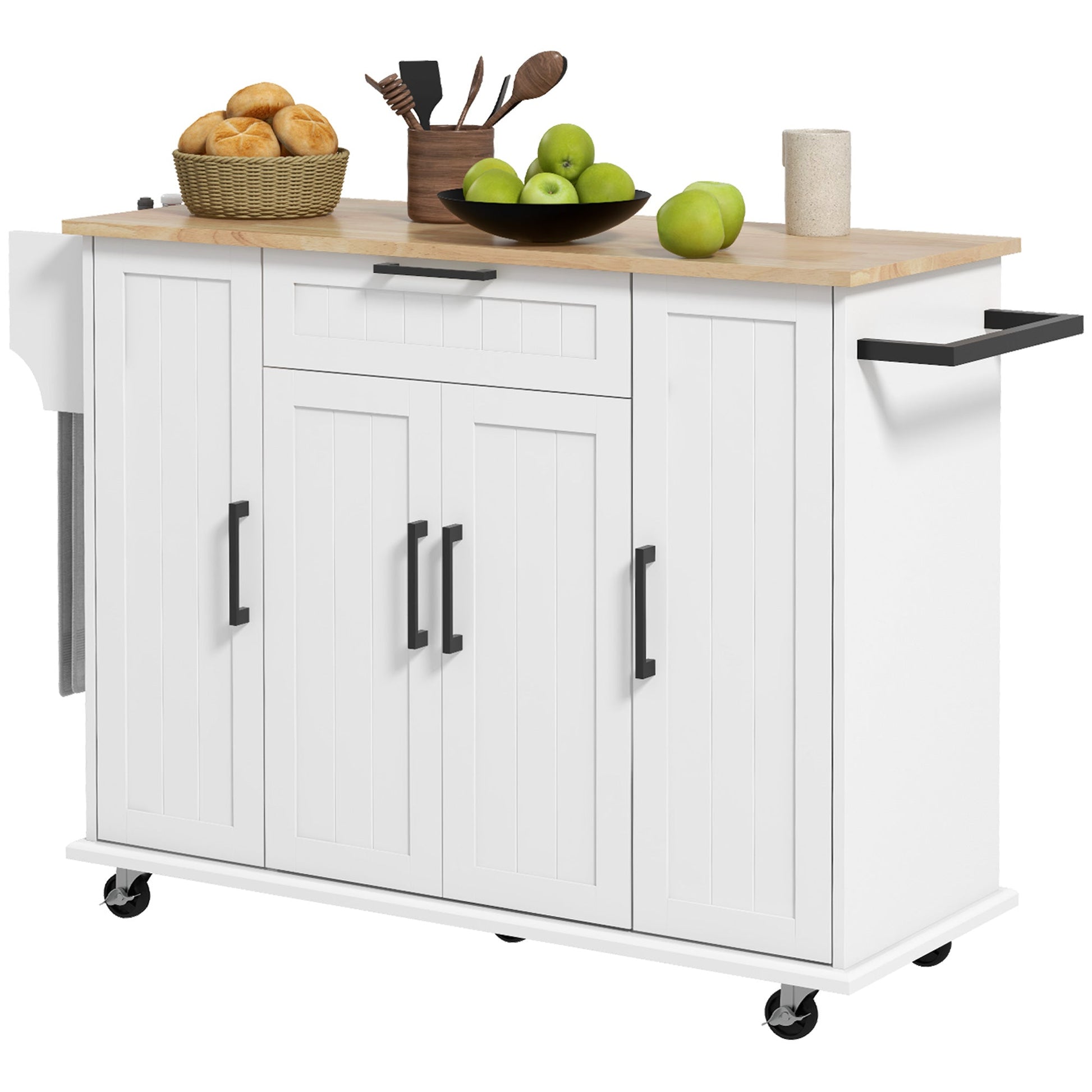 Modern Rolling Kitchen Island Cart with Drawers, Natural Wood Top, Towel Rack, Door Storage Cabinet, White Kitchen Islands & Kitchen Carts Multi Colour  at Gallery Canada