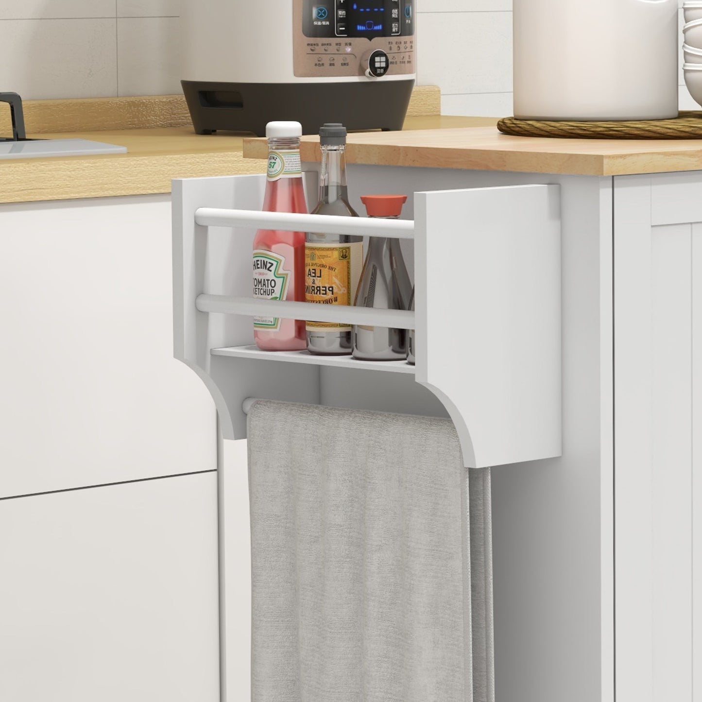 Modern Rolling Kitchen Island Cart with Drawers, Natural Wood Top, Towel Rack, Door Storage Cabinet, White Kitchen Islands & Kitchen Carts   at Gallery Canada