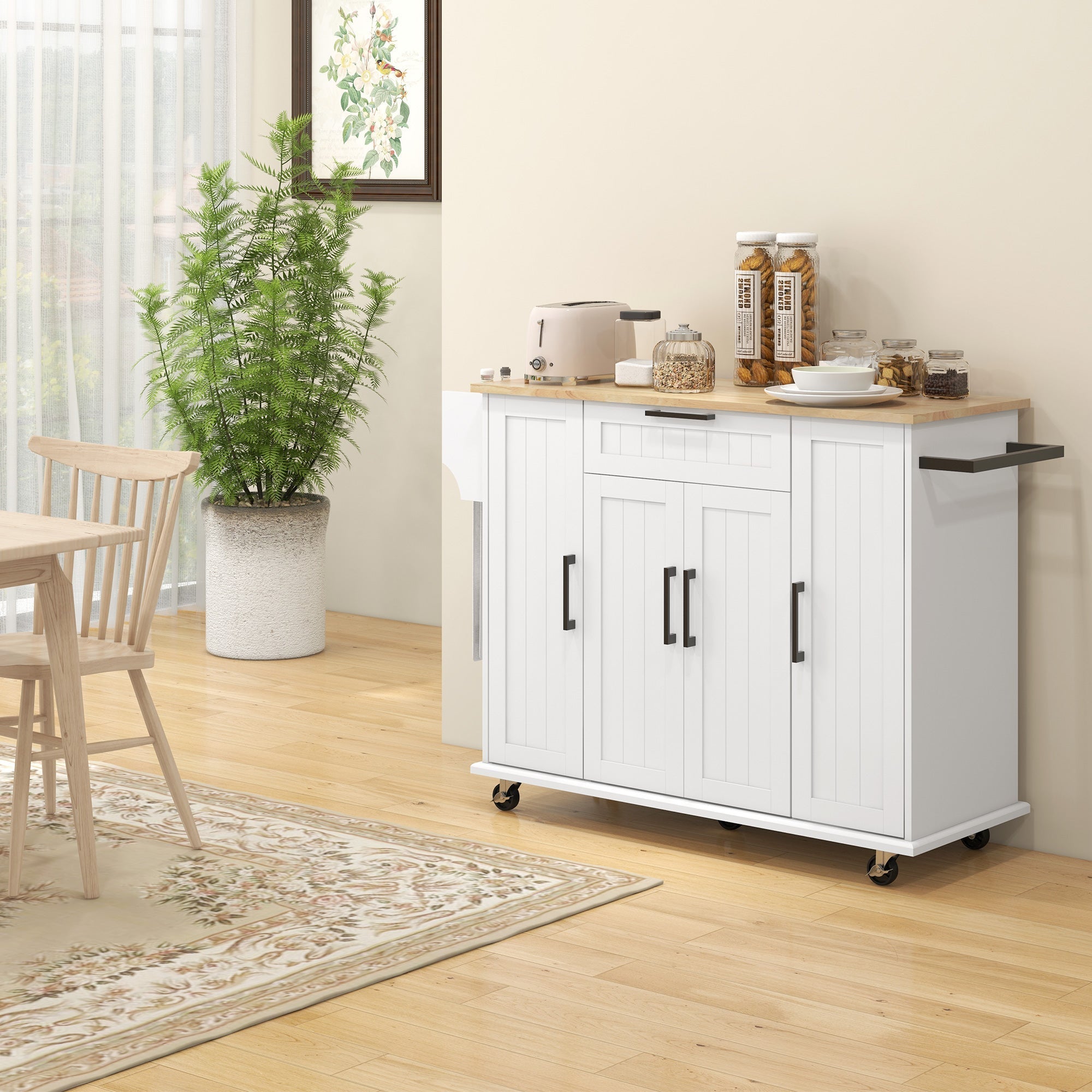 Modern Rolling Kitchen Island Cart with Drawers, Natural Wood Top, Towel Rack, Door Storage Cabinet, White Kitchen Islands & Kitchen Carts   at Gallery Canada