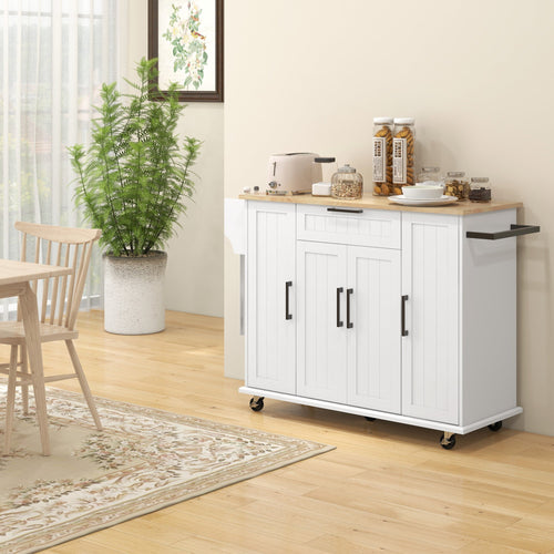 Modern Rolling Kitchen Island Cart with Drawers, Natural Wood Top, Towel Rack, Door Storage Cabinet, White