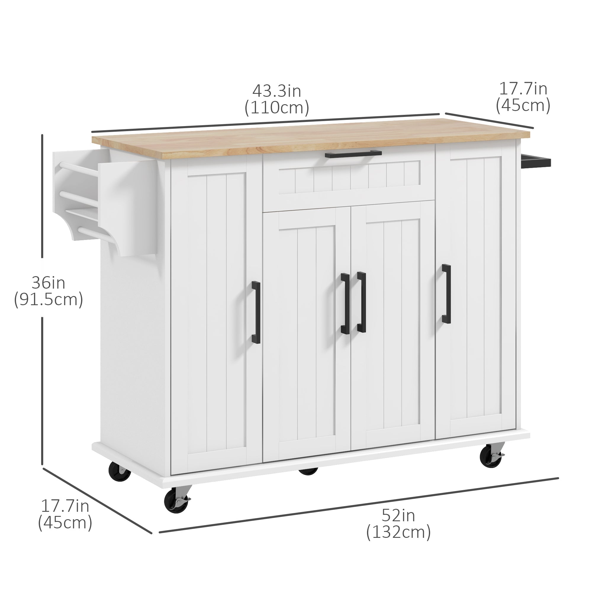 Modern Rolling Kitchen Island Cart with Drawers, Natural Wood Top, Towel Rack, Door Storage Cabinet, White Kitchen Islands & Kitchen Carts   at Gallery Canada