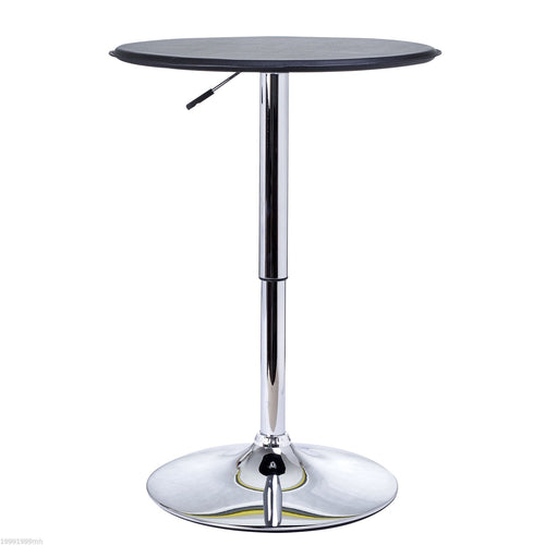 Modern Round Bar Table Adjustment Height Home Pub Bistro Desk Faux Leather Covered Wooden Top Chrome Base Black