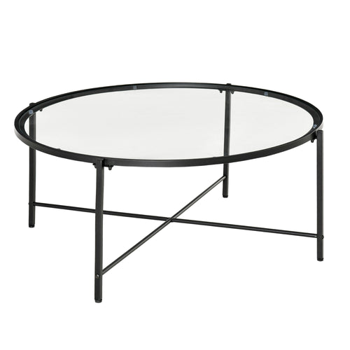 Modern Round Coffee Table with Tempered Glass Tabletop, Accent Side Table, Center Table for Living Room, Black