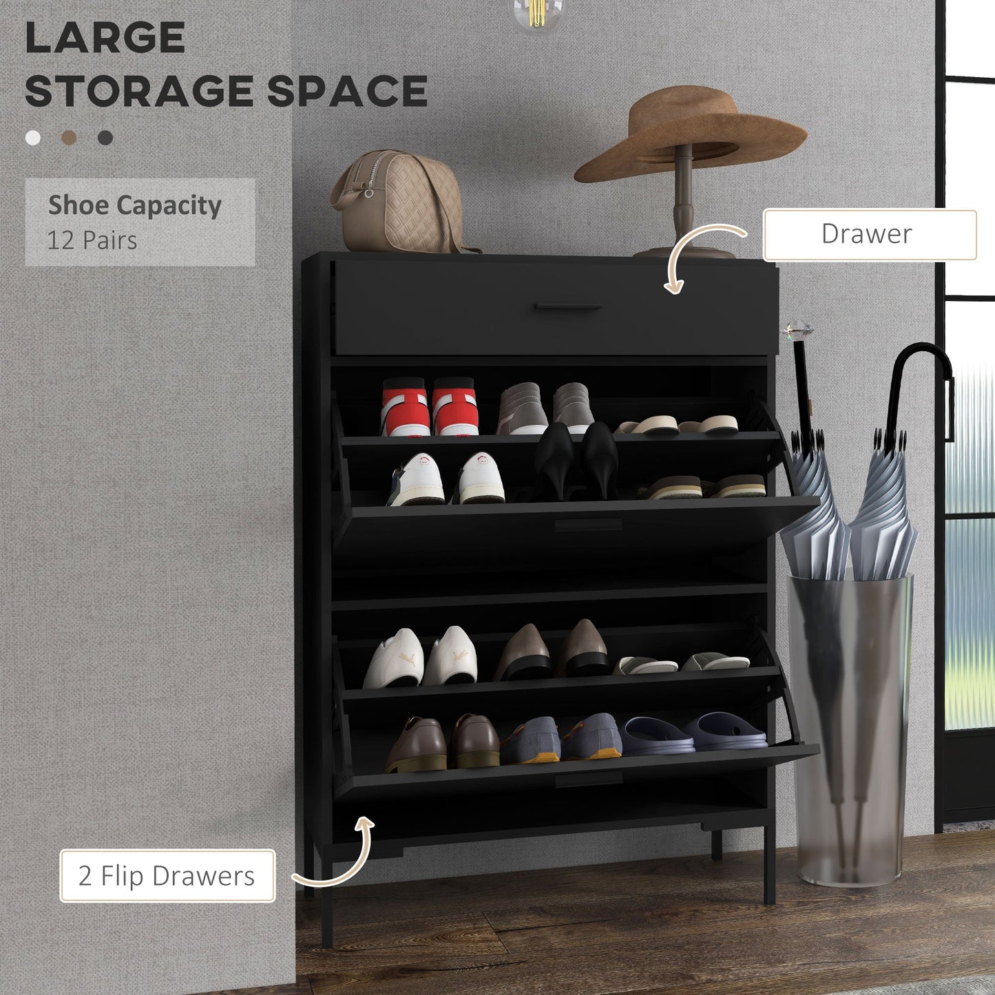 Modern Shoe Cabinet Storage 12 Pair Shoe Organizer with 2 Flip Doors Drawer and Adjustable Shelf Black Shoe Storage Cabinets & Racks   at Gallery Canada