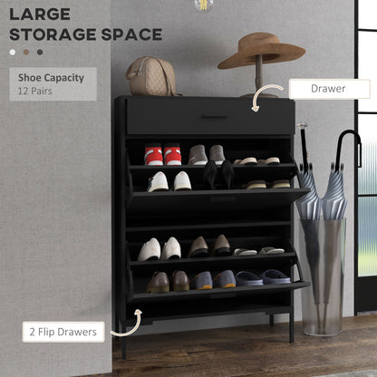 Modern Shoe Cabinet Storage 12 Pair Shoe Organizer with 2 Flip Doors Drawer and Adjustable Shelf Black Shoe Storage Cabinets & Racks   at Gallery Canada