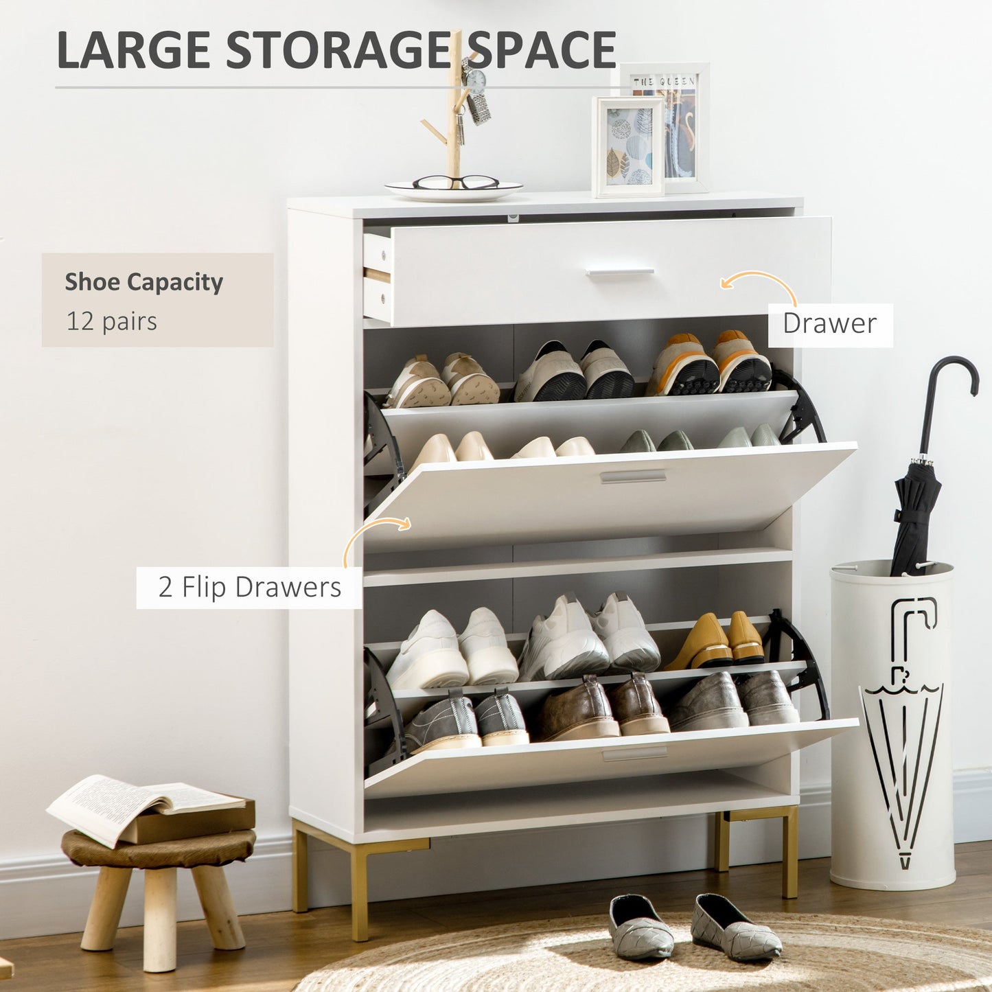 Modern Shoe Cabinet Storage 12 Pair Shoe Organizer with 2 Flip Doors Drawer and Adjustable Shelf White Shoe Storage Cabinets & Racks   at Gallery Canada