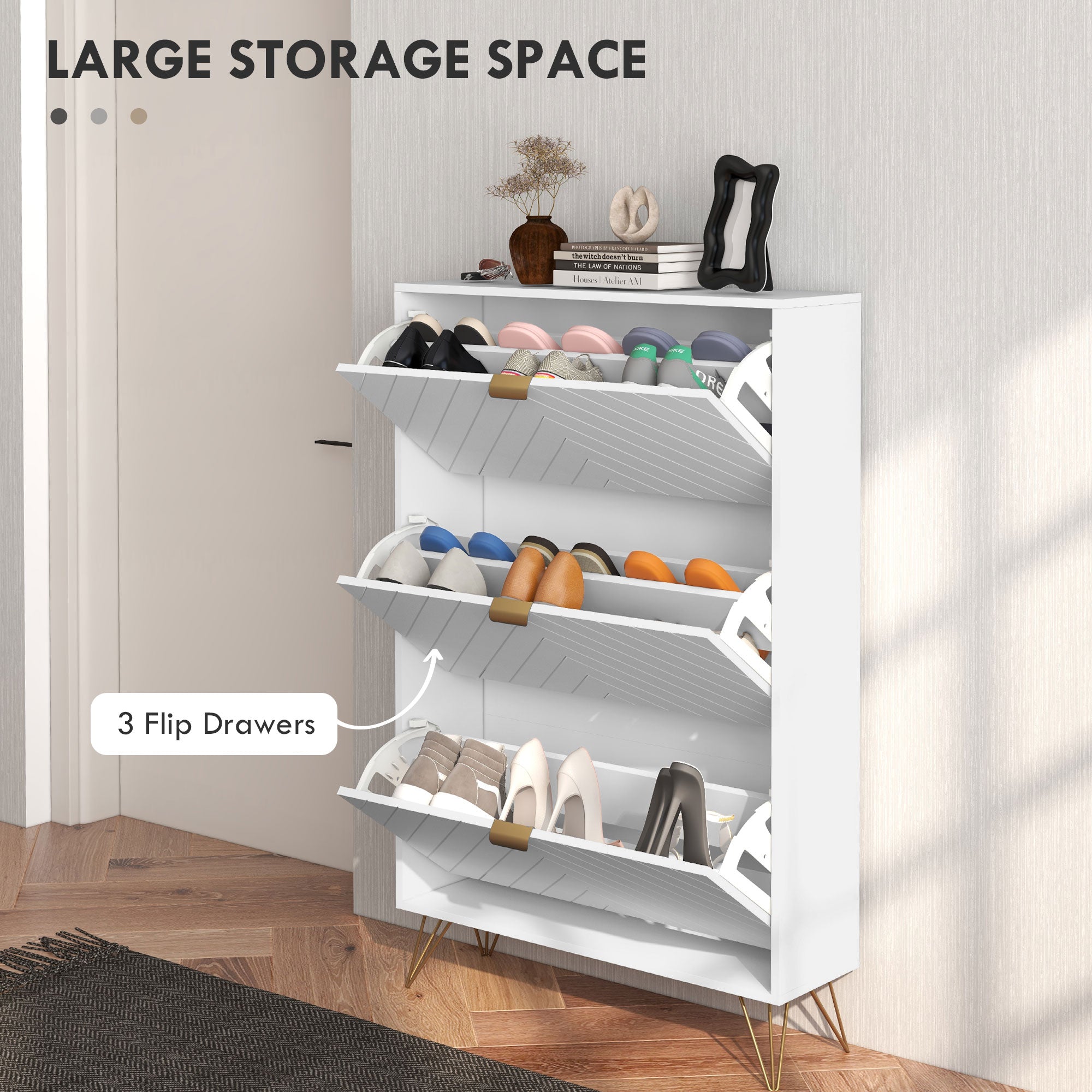 Modern Shoe Storage Cabinet with 3 Flip Drawers for 18 Pairs, Narrow Shoe Organizer for Entryway, Hallway, White Shoe Storage Cabinets & Racks   at Gallery Canada