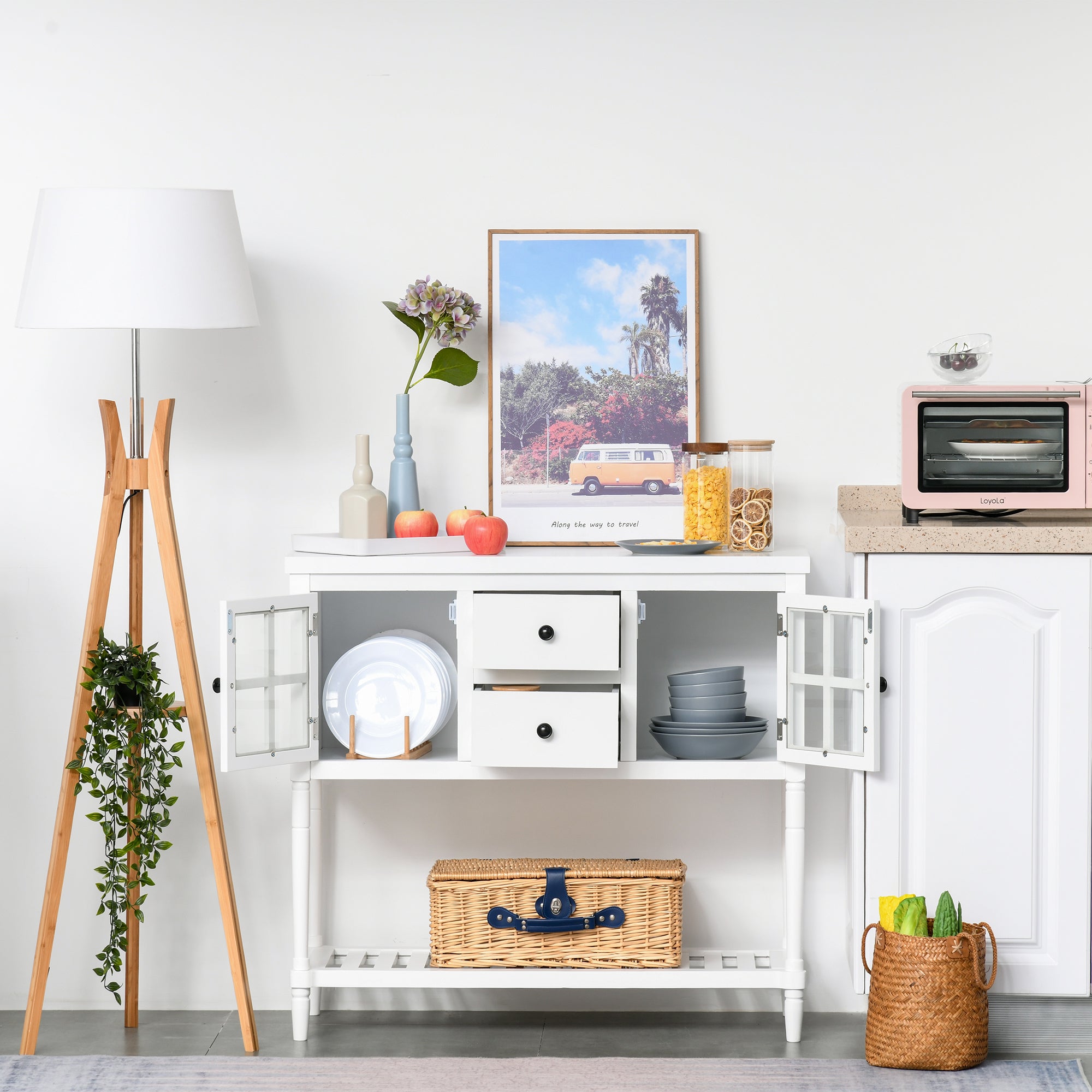 Modern Sideboard Buffet Cabinet, Kitchen Storage Cabinet with 2 Drawers, Bottom Shelf, Glass Doors, White Bar Cabinets   at Gallery Canada