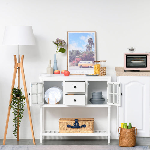 Modern Sideboard Buffet Cabinet, Kitchen Storage Cabinet with 2 Drawers, Bottom Shelf, Glass Doors, White