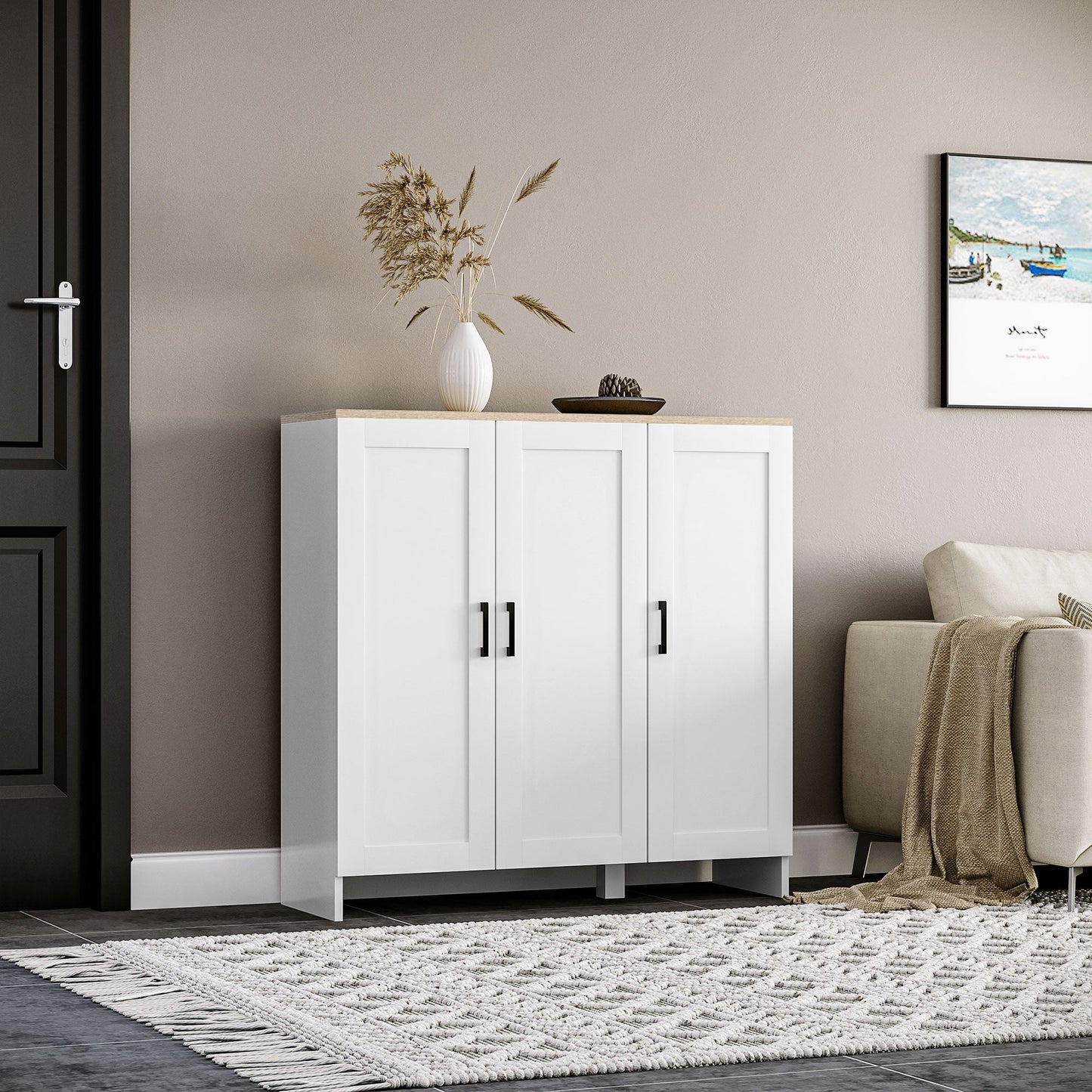 Modern Sideboard Buffet Cabinet, Modern Kitchen Storage Cabinet with 3 Doors Adjustable Shelves, for Dining Room, White Bar Cabinets   at Gallery Canada