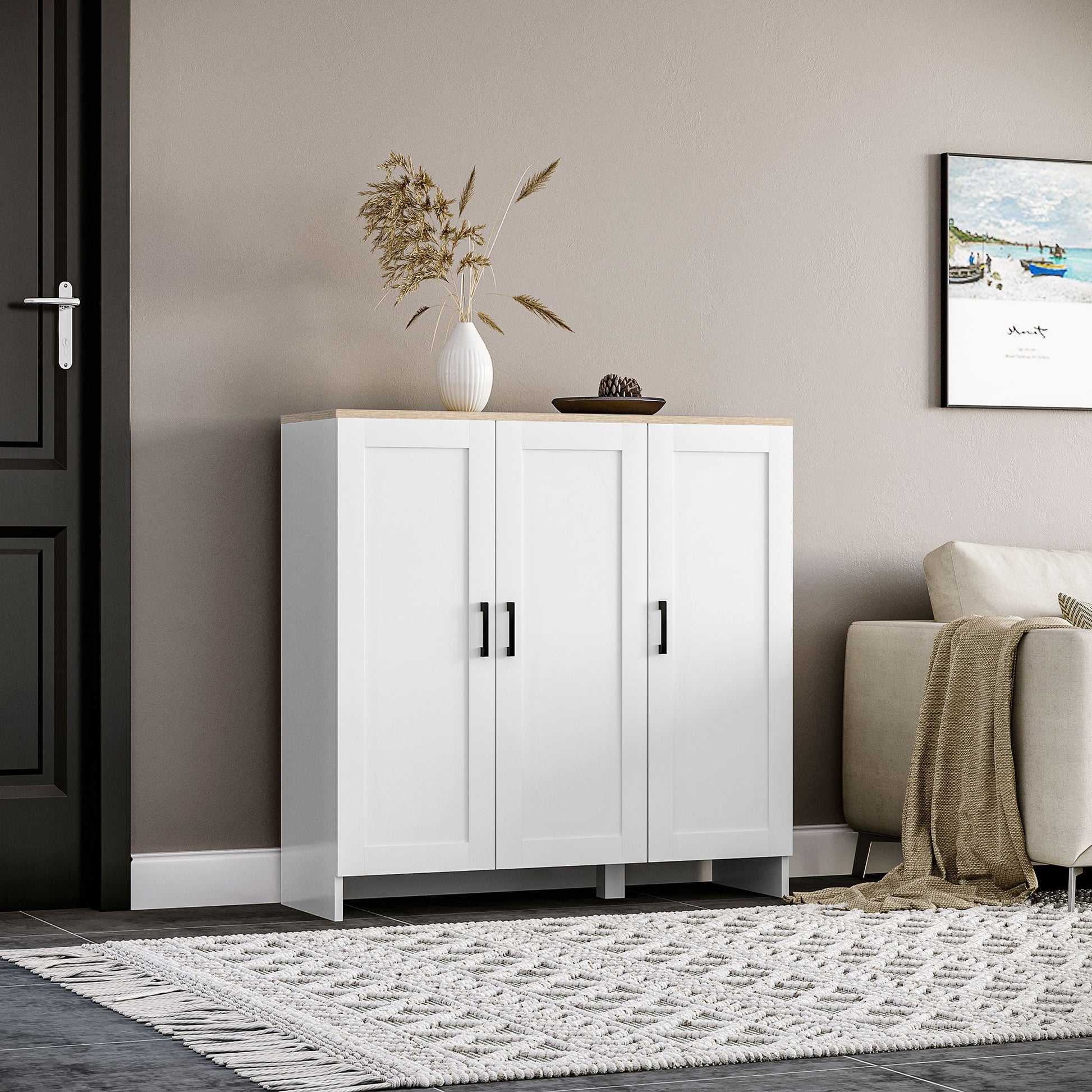 Modern Sideboard Buffet Cabinet, Modern Kitchen Storage Cabinet with 3 Doors Adjustable Shelves, for Dining Room, White Bar Cabinets   at Gallery Canada