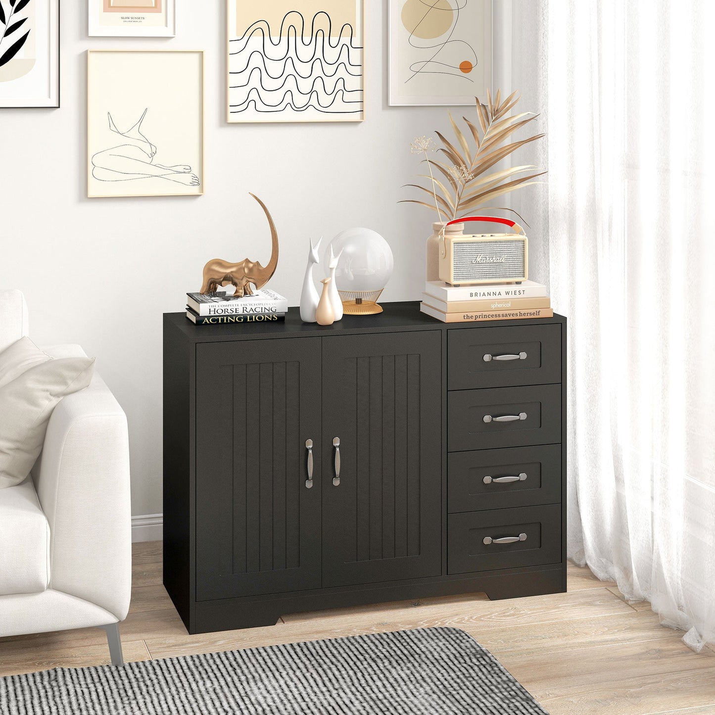 Modern Sideboard Buffet Cabinet with Drawers and Beadboard Door Cupboard Kitchen Storage Cabinet Black Storage Cabinets   at Gallery Canada