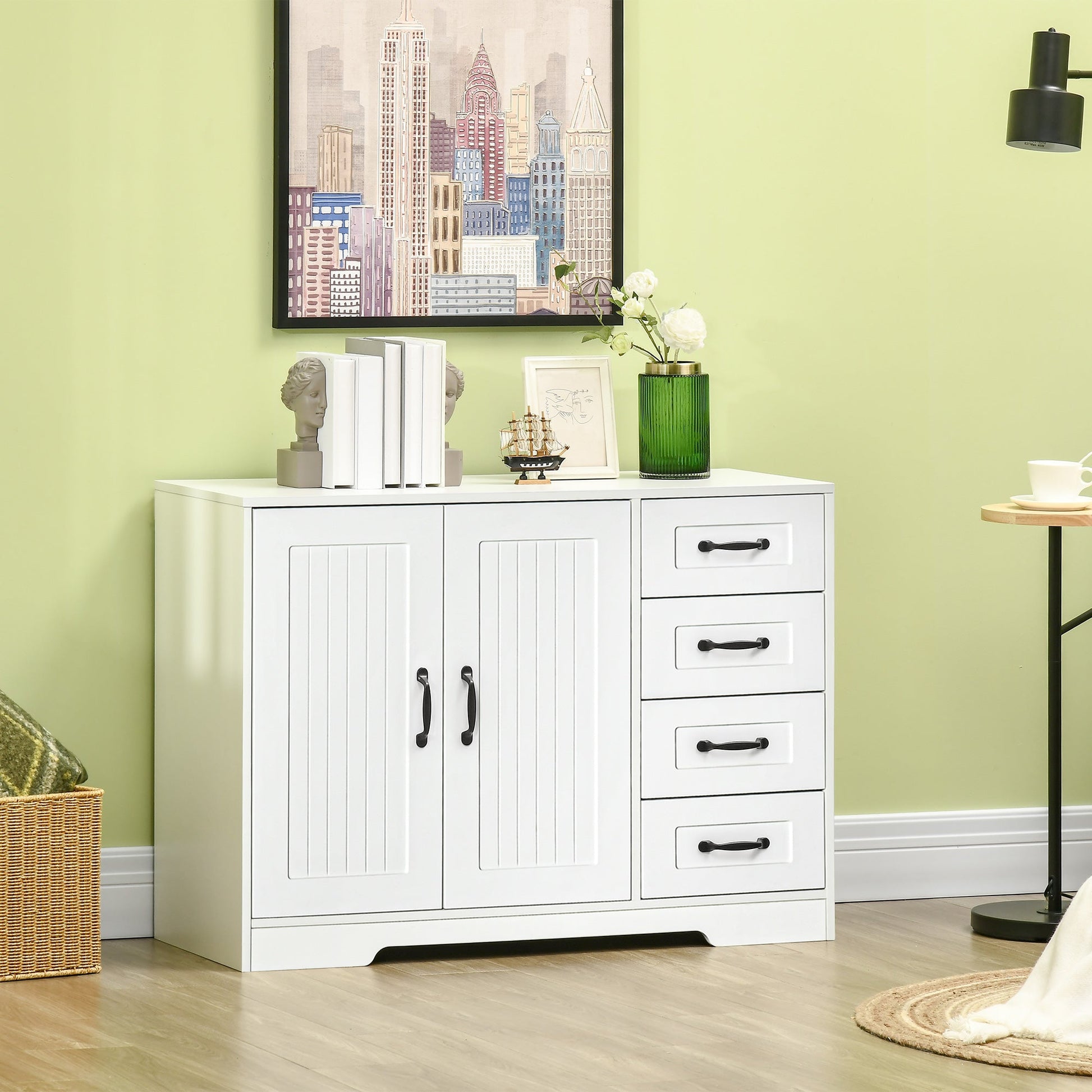 Modern Sideboard Buffet Cabinet with Drawers and Beadboard Door Cupboard Kitchen Storage Cabinet White Storage Cabinets   at Gallery Canada