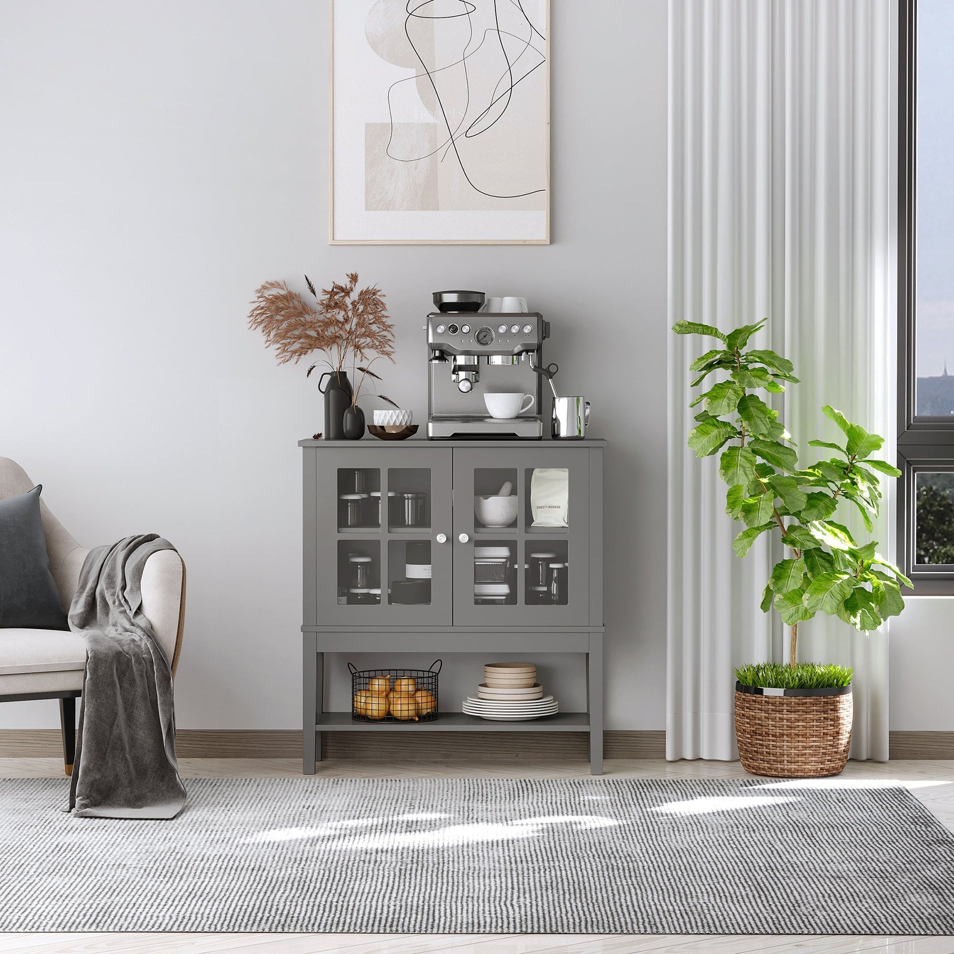 Modern Sideboard Buffet Cabinet Wood Console Table with Glass Doors Kitchen Dining Room Furniture, Dark Gray Bar Cabinets   at Gallery Canada