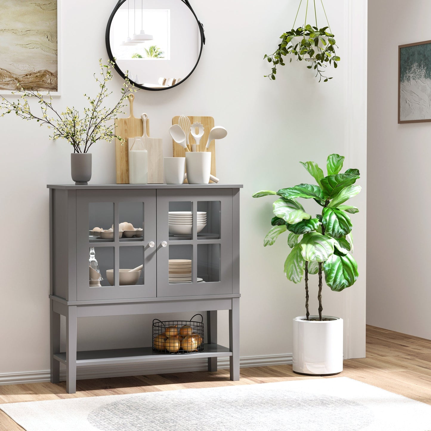 Modern Sideboard Buffet Cabinet Wood Console Table with Glass Doors Kitchen Dining Room Furniture, Dark Gray Bar Cabinets   at Gallery Canada