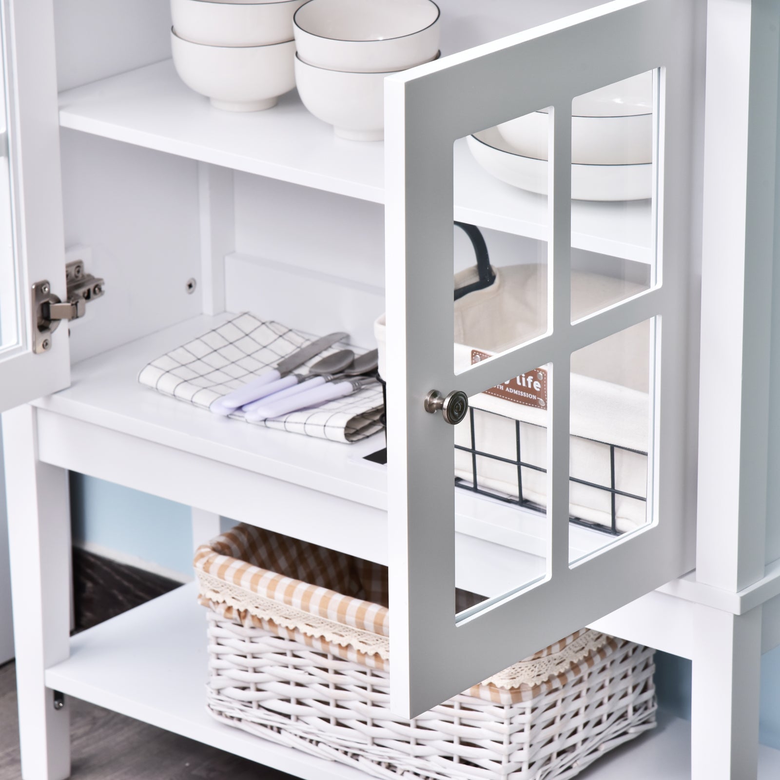 Modern Sideboard Buffet Cabinet Wood Console Table with Glass Doors Kitchen Dining Room Furniture White Bar Cabinets   at Gallery Canada