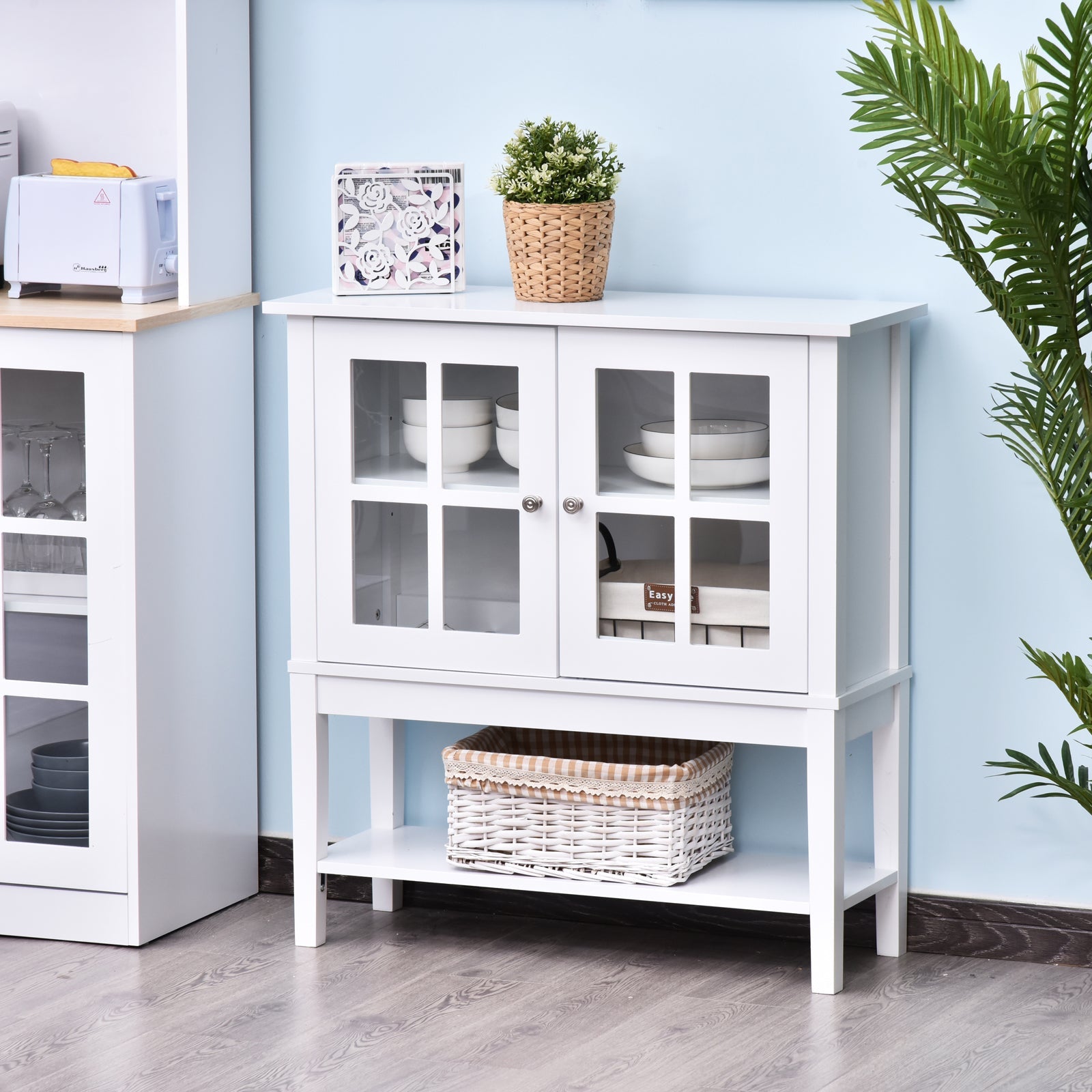 Modern Sideboard Buffet Cabinet Wood Console Table with Glass Doors Kitchen Dining Room Furniture White Bar Cabinets   at Gallery Canada