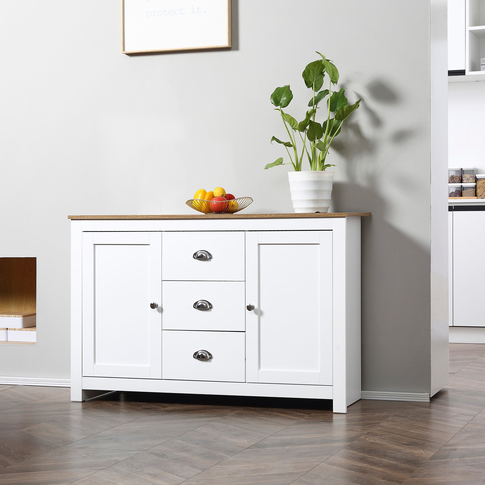 Modern Sideboard Cabinet, Kitchen Buffet Cabinet with 3 Drawers and Adjustable Shelves, Buffets Tables, White Bar Cabinets   at Gallery Canada