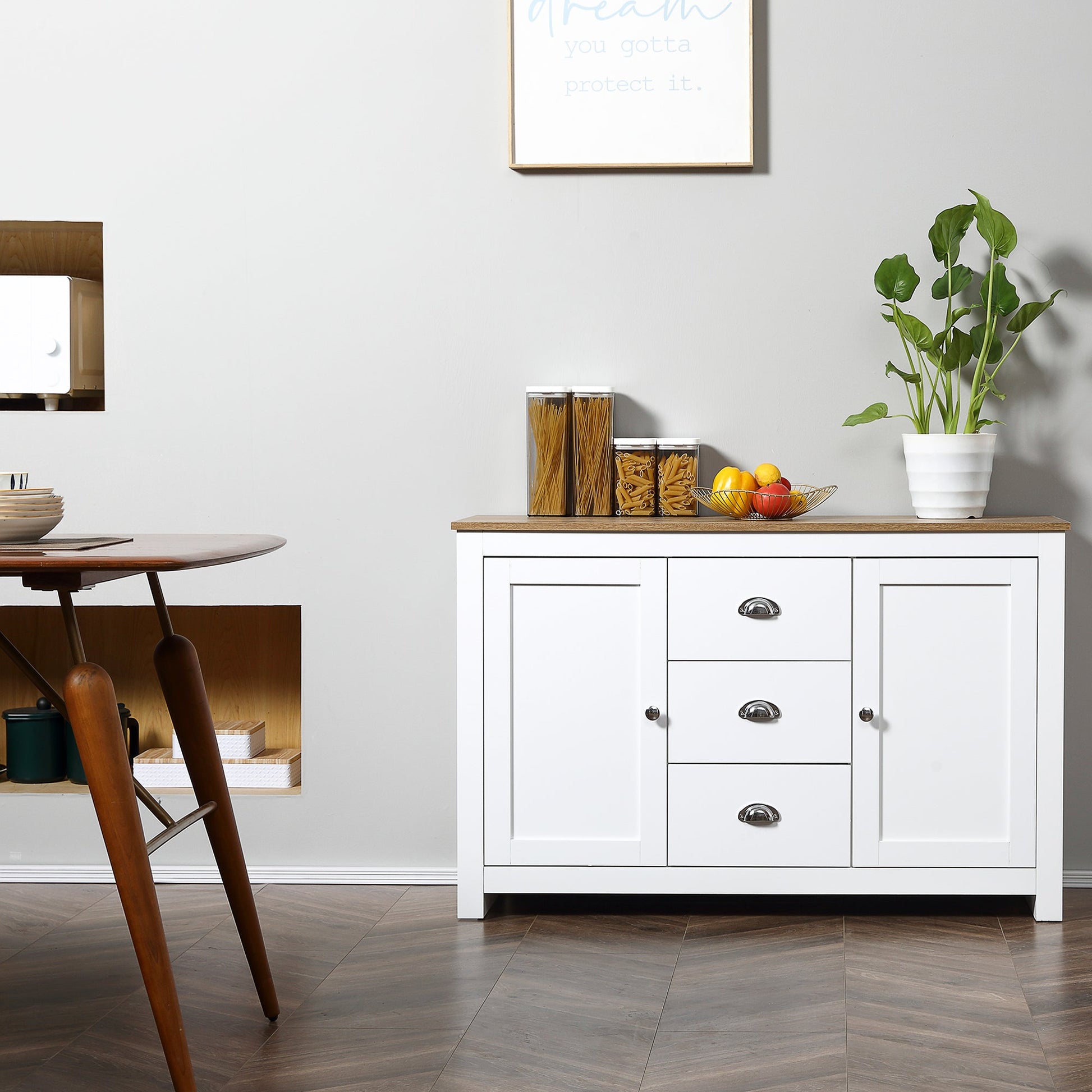 Modern Sideboard Cabinet, Kitchen Buffet Cabinet with 3 Drawers and Adjustable Shelves, Buffets Tables, White Bar Cabinets   at Gallery Canada