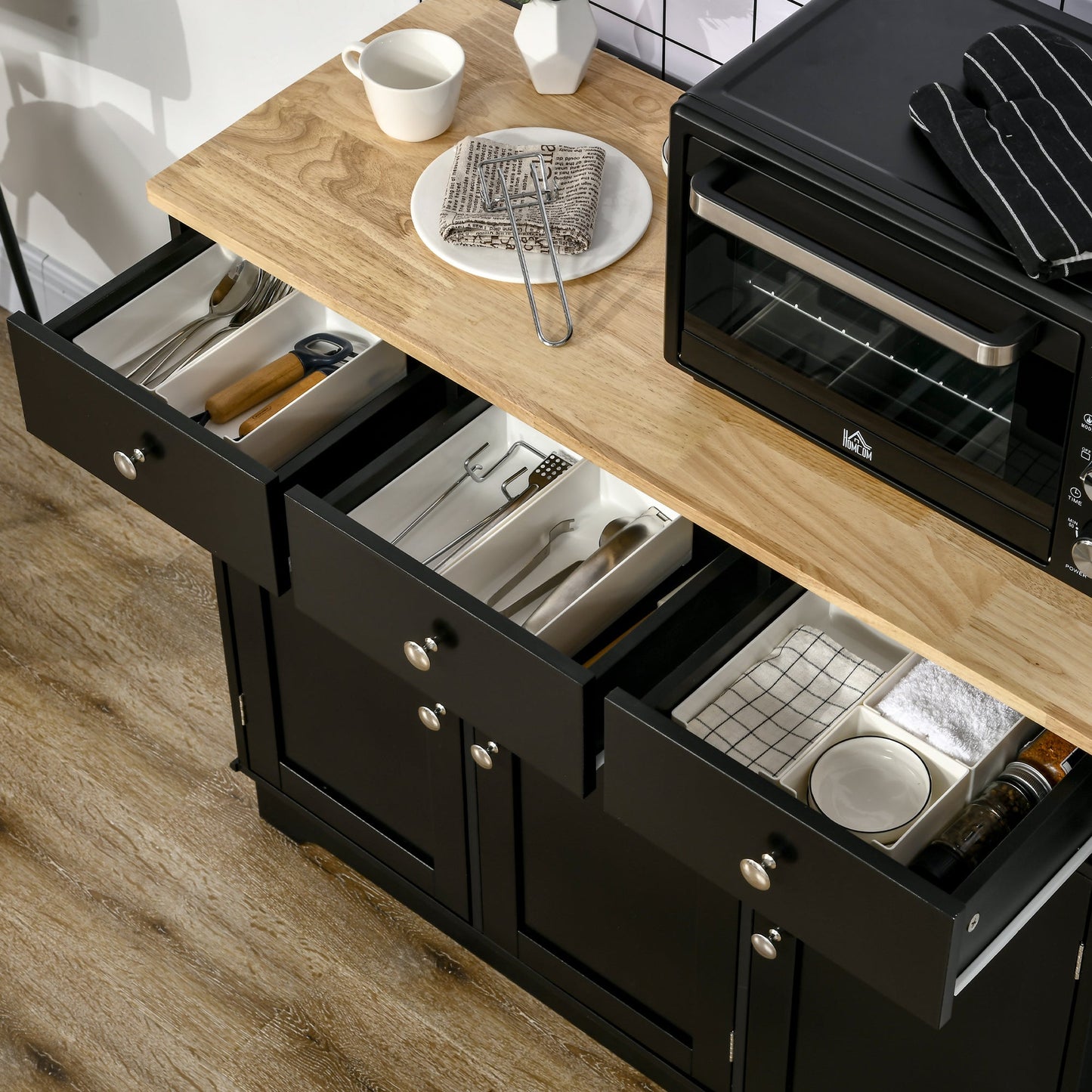 Modern Sideboard with Rubberwood Top, Buffet Cabinet with Storage Cabinets, Drawers and Adjustable Shelves for Living Room, Kitchen, Black Bar Cabinets   at Gallery Canada