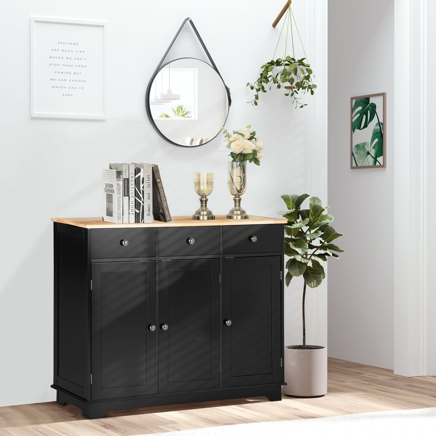 Modern Sideboard with Rubberwood Top, Buffet Cabinet with Storage Cabinets, Drawers and Adjustable Shelves for Living Room, Kitchen, Black Bar Cabinets   at Gallery Canada