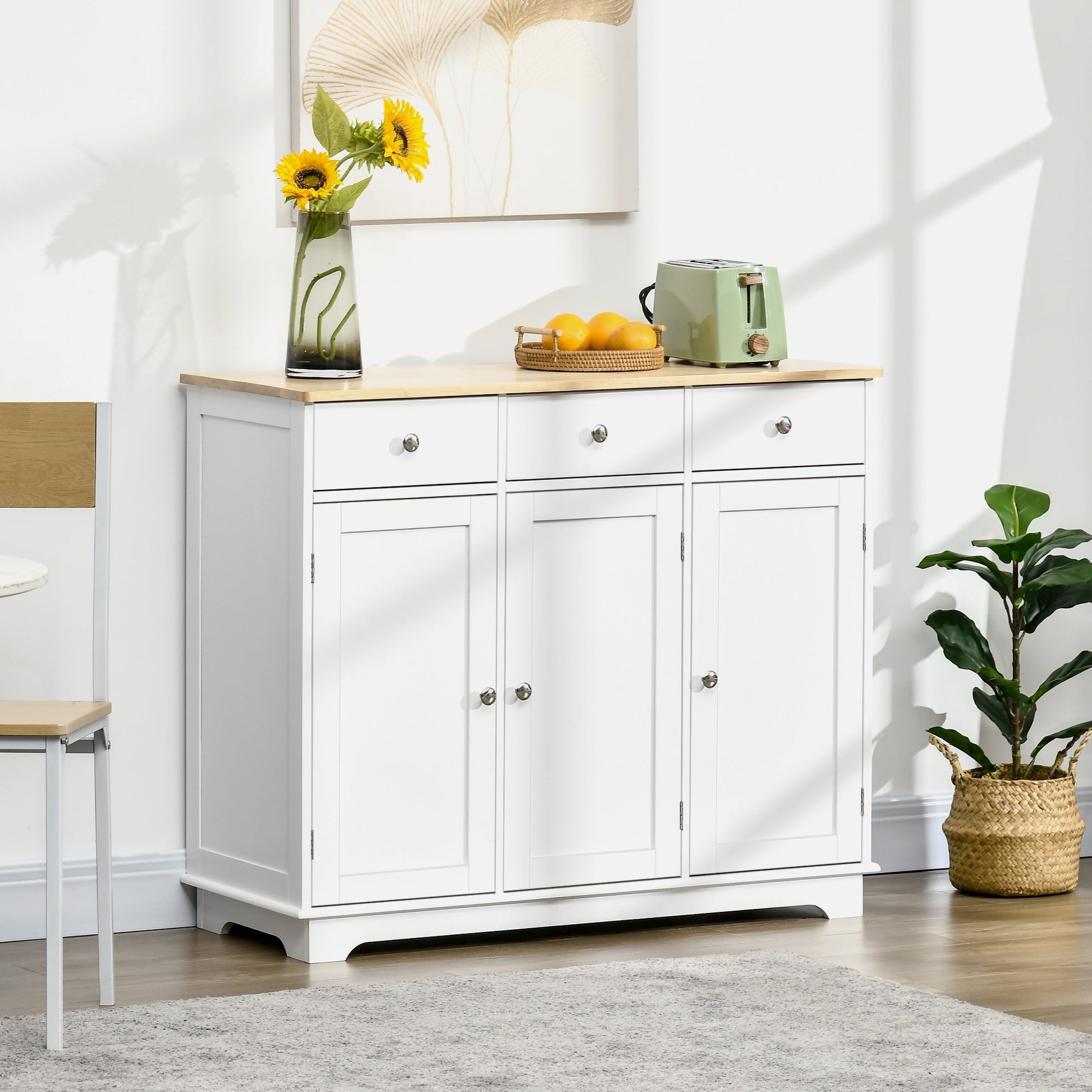 Modern Sideboard with Rubberwood Top, Buffet Cabinet with Storage Cabinets, Drawers and Adjustable Shelves for Living Room, Kitchen, White Bar Cabinets   at Gallery Canada