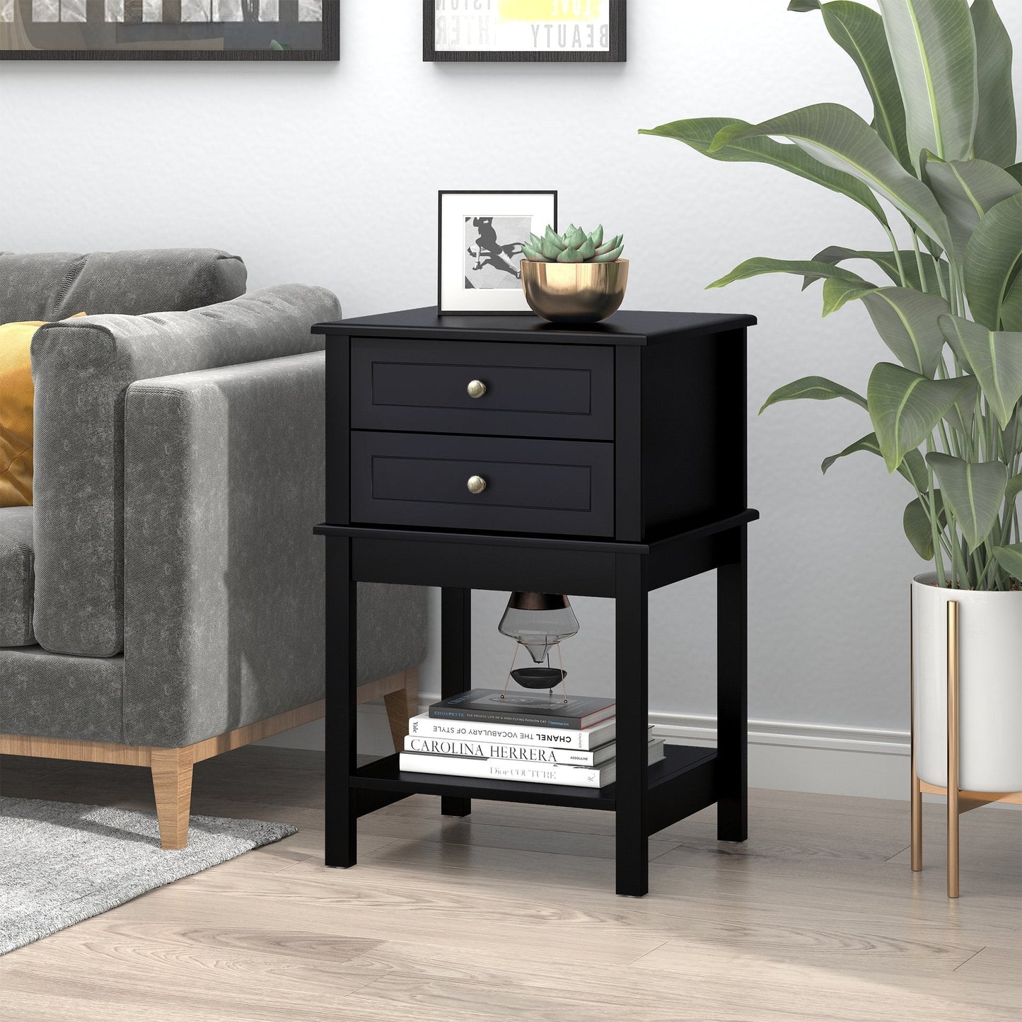 Modern Sofa Side Table, Accent End Table with Drawers and Storage Shelf, Nightstand for Bedroom Living Room, Black Side Tables   at Gallery Canada