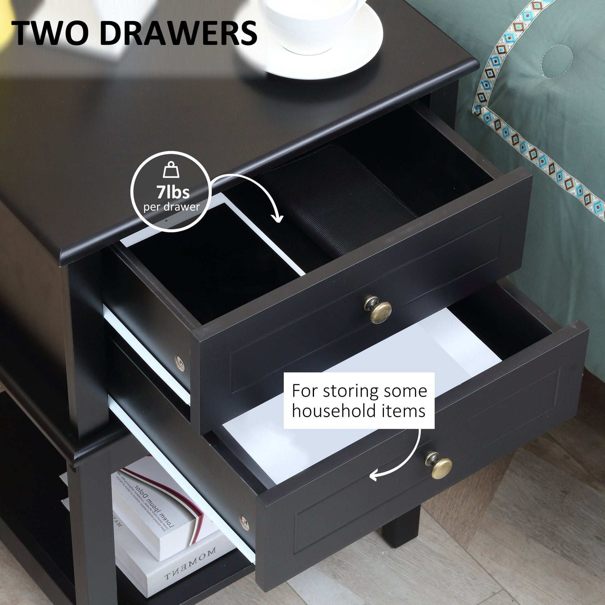 Modern Sofa Side Table, Accent End Table with Drawers and Storage Shelf, Nightstand for Bedroom Living Room, Black Side Tables   at Gallery Canada