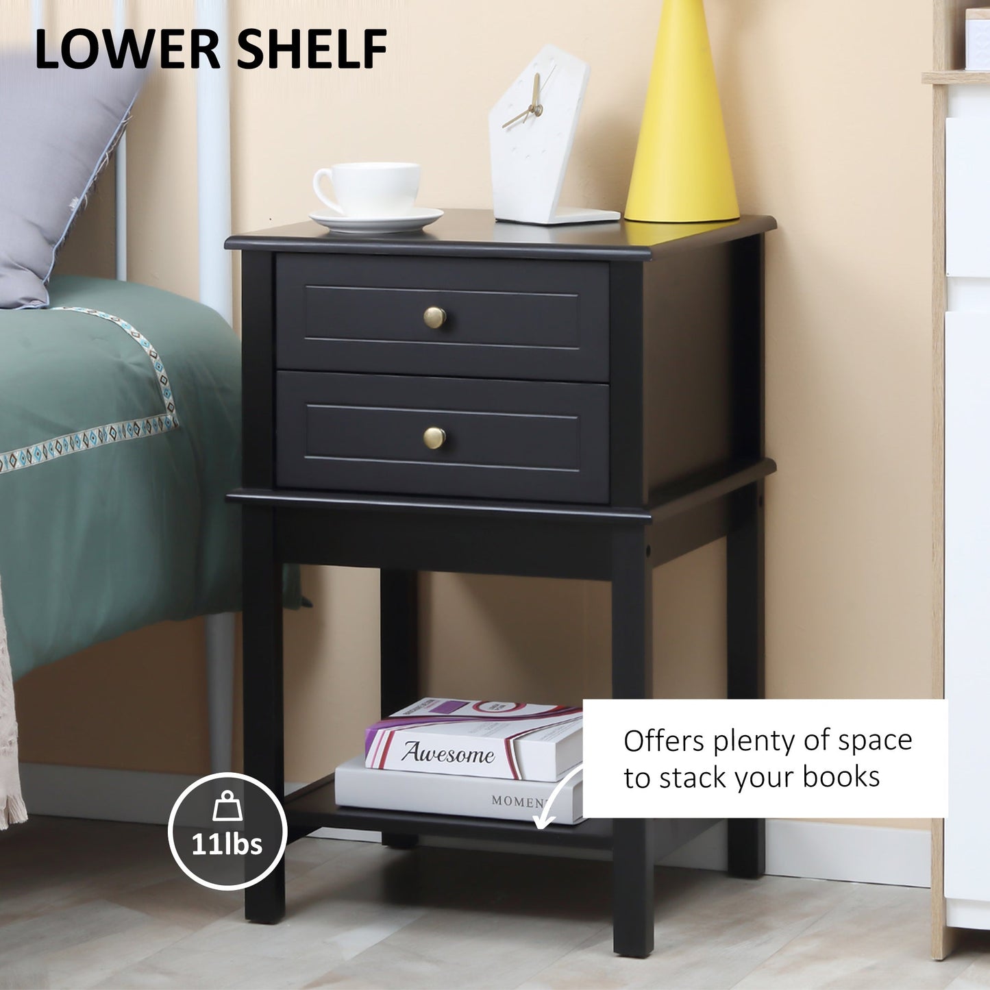 Modern Sofa Side Table, Accent End Table with Drawers and Storage Shelf, Nightstand for Bedroom Living Room, Black Side Tables   at Gallery Canada