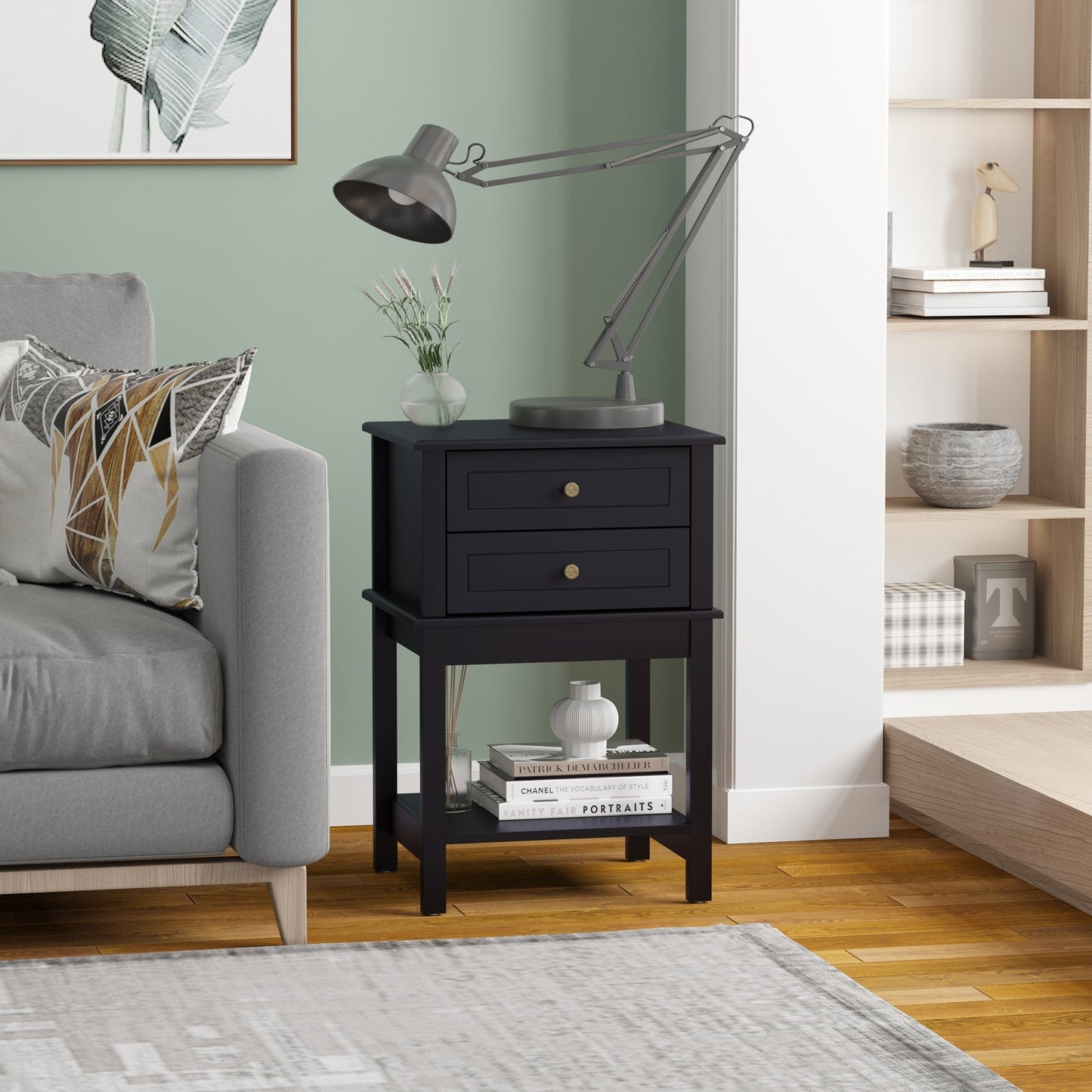 Modern Sofa Side Table, Accent End Table with Drawers and Storage Shelf, Nightstand for Bedroom Living Room, Black Side Tables   at Gallery Canada