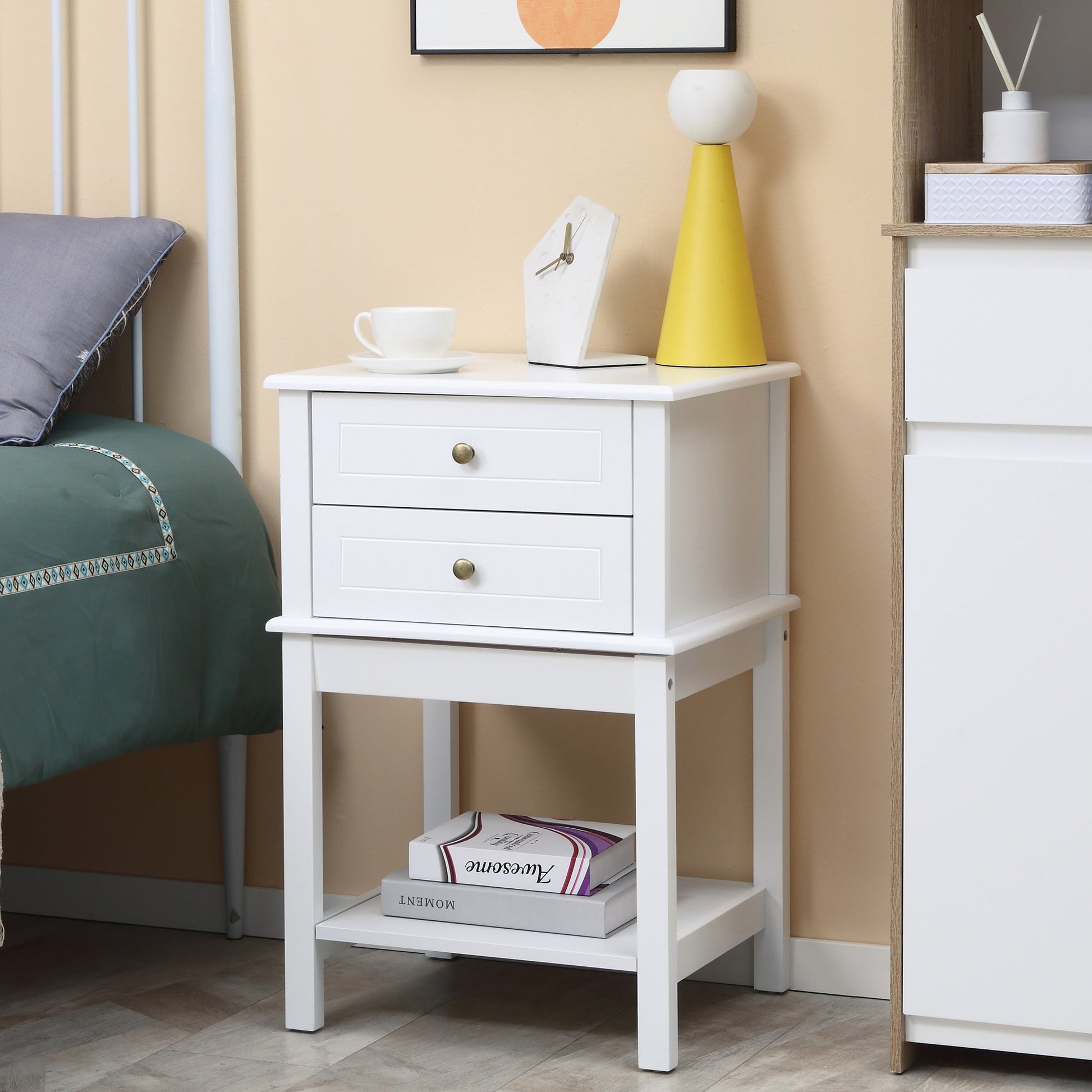 Modern Sofa Side Table, Accent End Table with Drawers and Storage Shelf, Nightstand for Bedroom Living Room, White Side Tables   at Gallery Canada