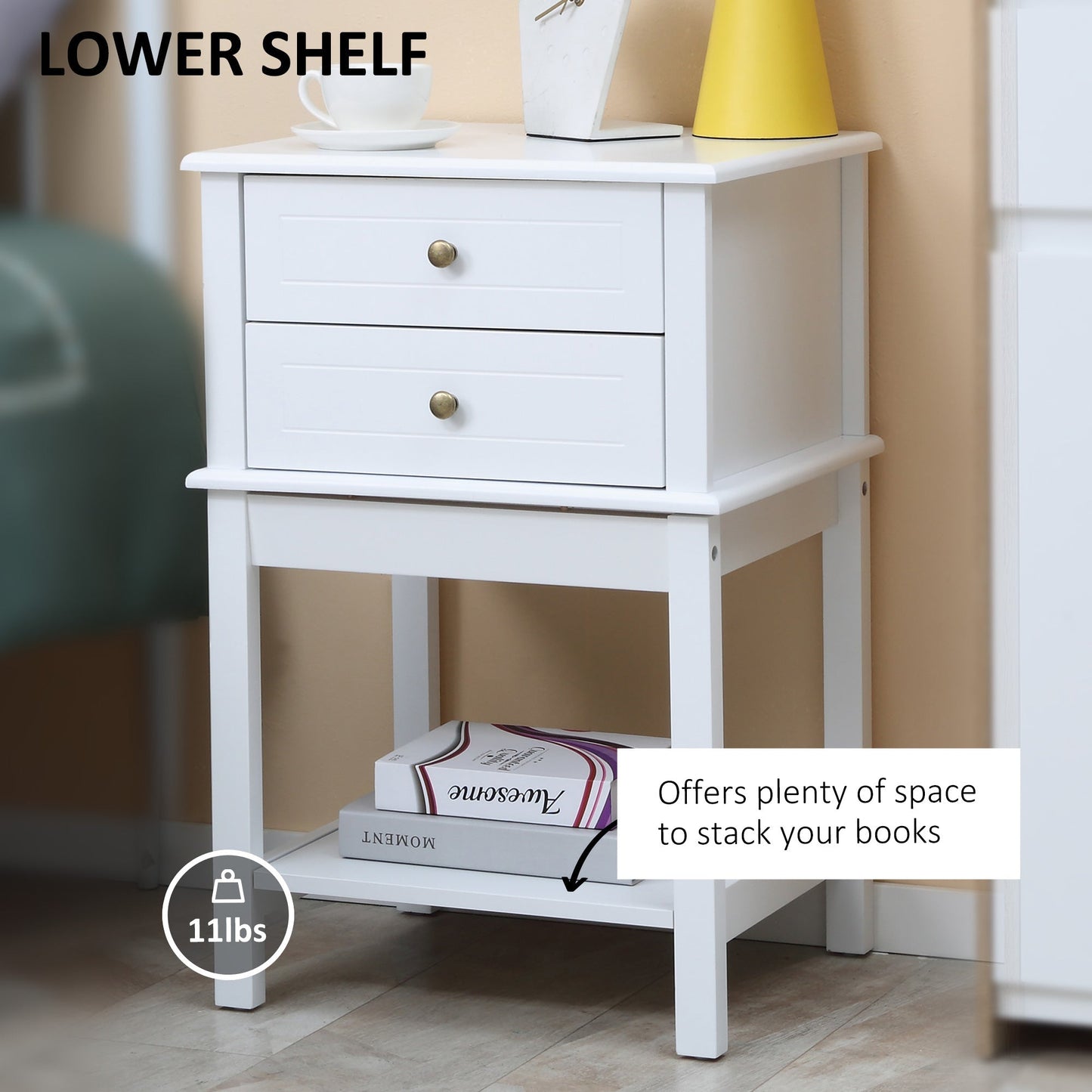 Modern Sofa Side Table, Accent End Table with Drawers and Storage Shelf, Nightstand for Bedroom Living Room, White Side Tables   at Gallery Canada