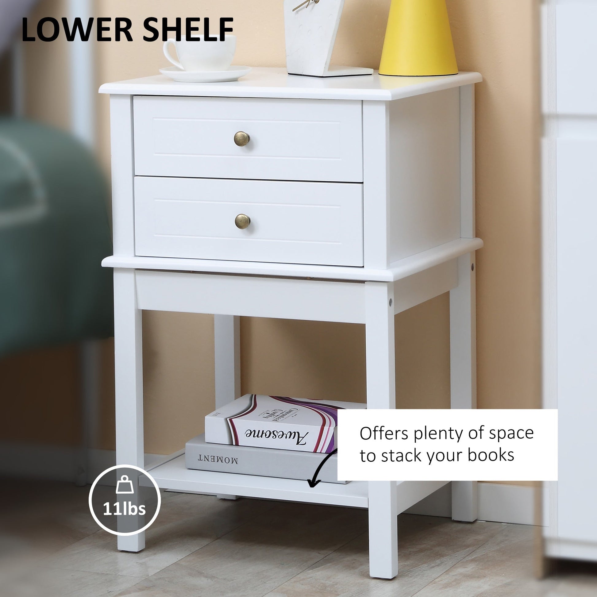 Modern Sofa Side Table, Accent End Table with Drawers and Storage Shelf, Nightstand for Bedroom Living Room, White Side Tables   at Gallery Canada