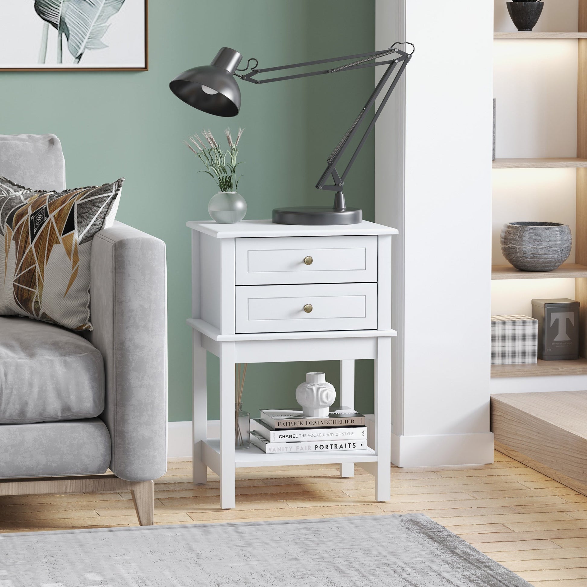 Modern Sofa Side Table, Accent End Table with Drawers and Storage Shelf, Nightstand for Bedroom Living Room, White Side Tables   at Gallery Canada