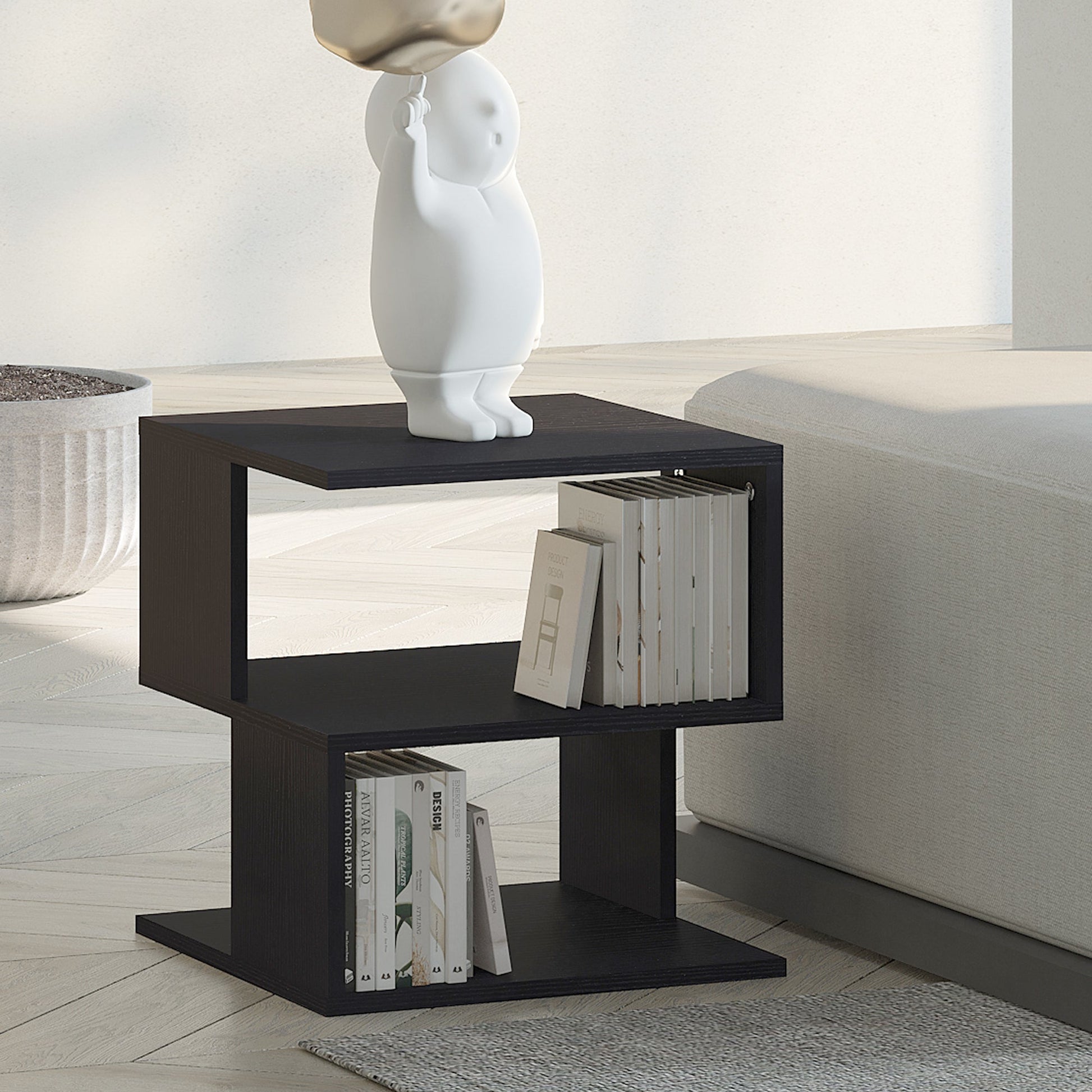 Modern Square 3 Tier Wood Coffee Side Table Storage Shelf Rack End Table Home Office Living Room Small Desk Black Side Tables   at Gallery Canada