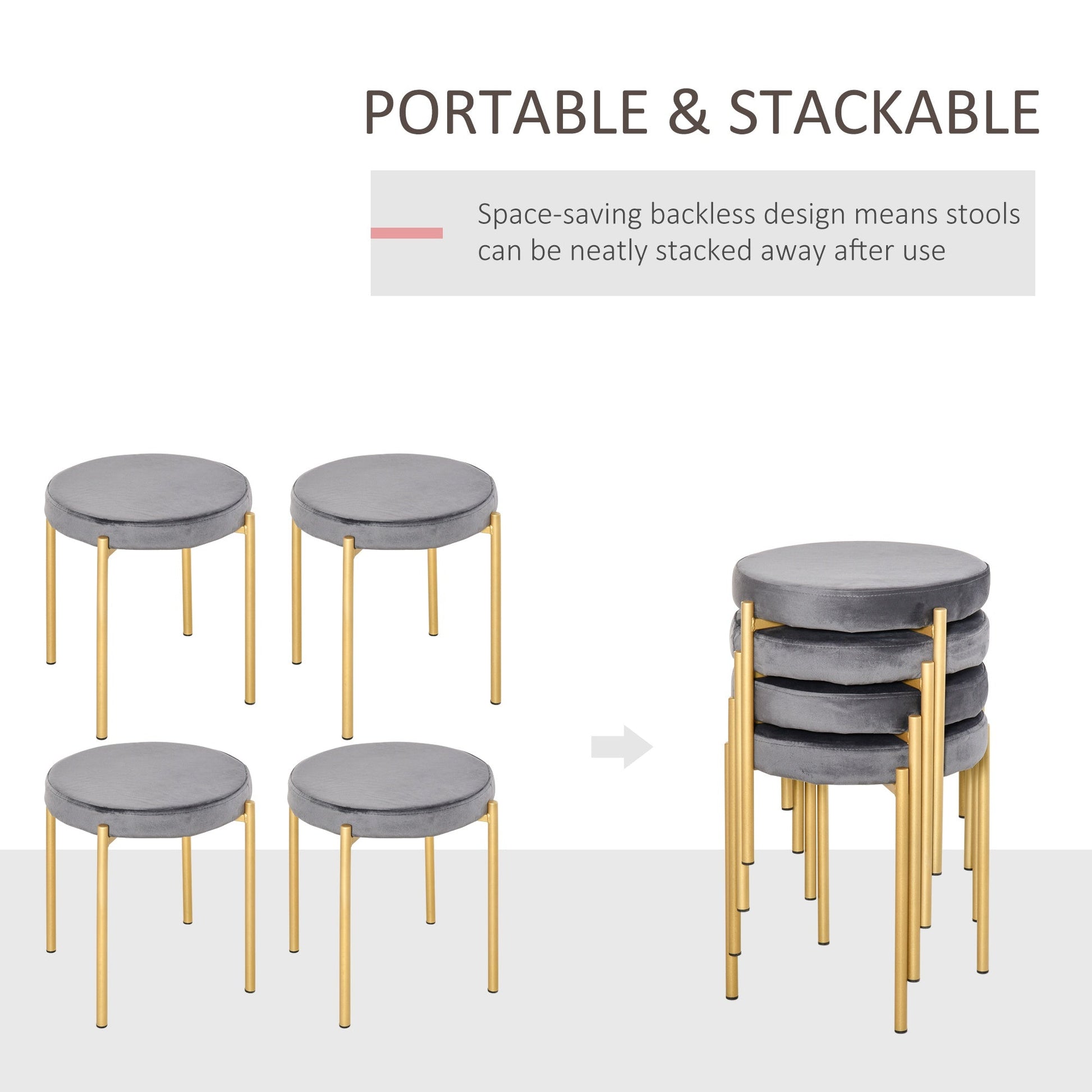 Modern Stacking Stools Set of 4, Backless Round Dining Chairs, Velvet-Touch Accent Side Chairs with Metal Legs for Kitchen, Grey Bar Stools   at Gallery Canada