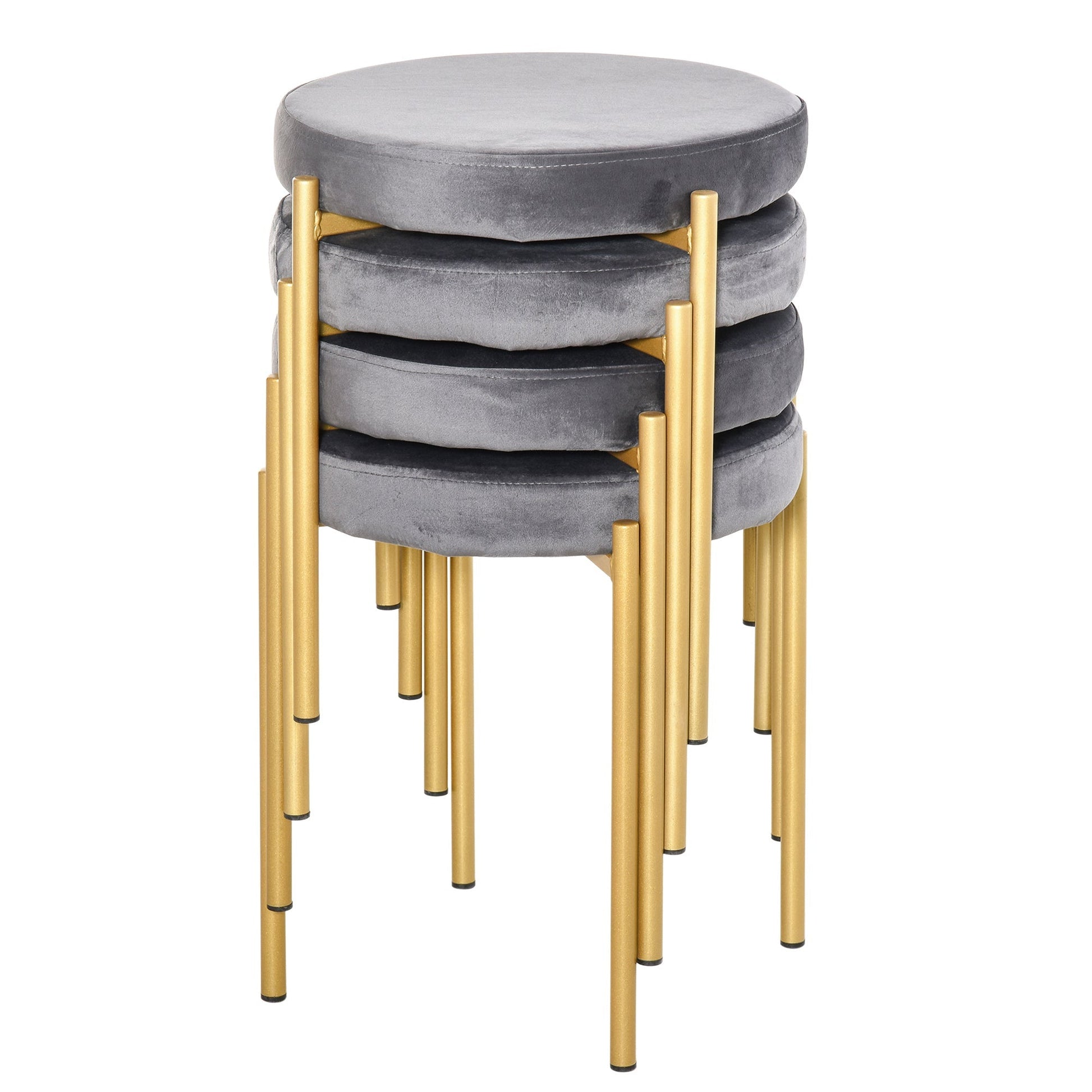 Modern Stacking Stools Set of 4, Backless Round Dining Chairs, Velvet-Touch Accent Side Chairs with Metal Legs for Kitchen, Grey Bar Stools   at Gallery Canada