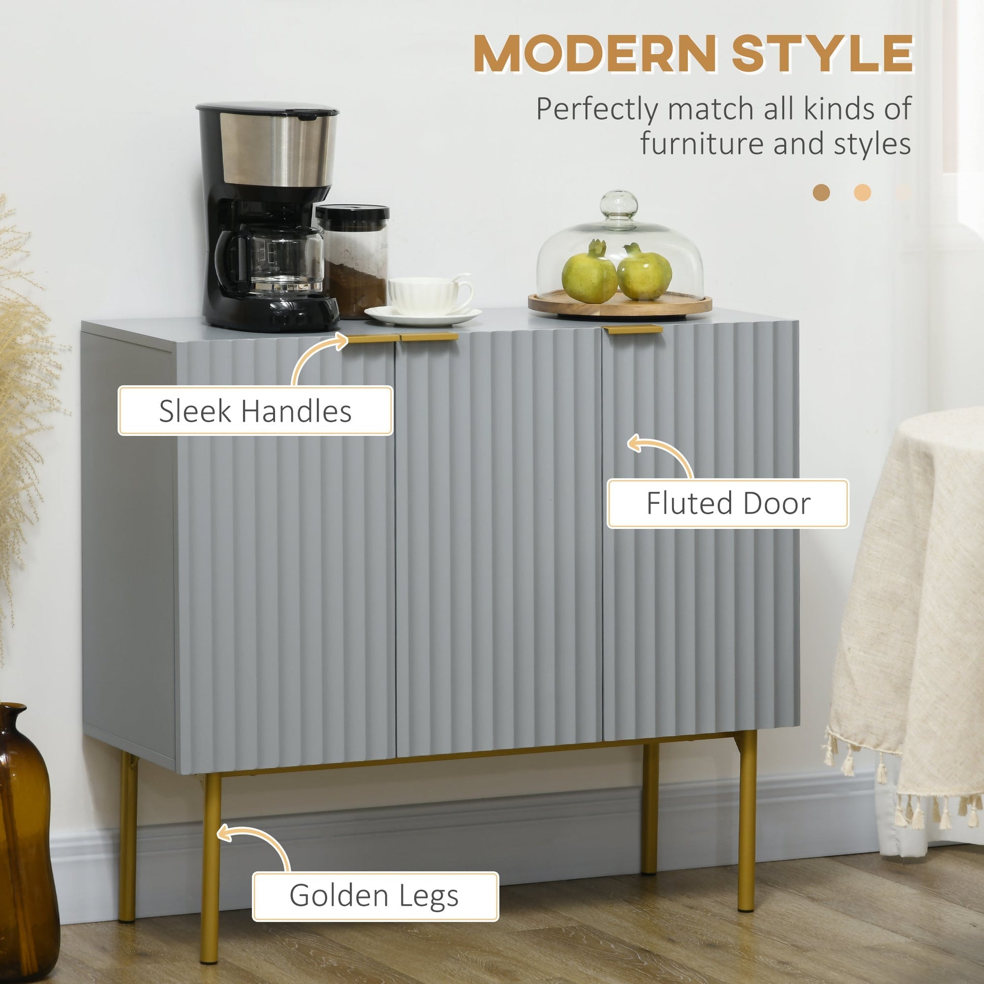 Modern Storage Cabinet Sideboard Buffet Cabinet with Gold Legs for Living Room Dining Room Hallway Grey Storage Cabinets   at Gallery Canada