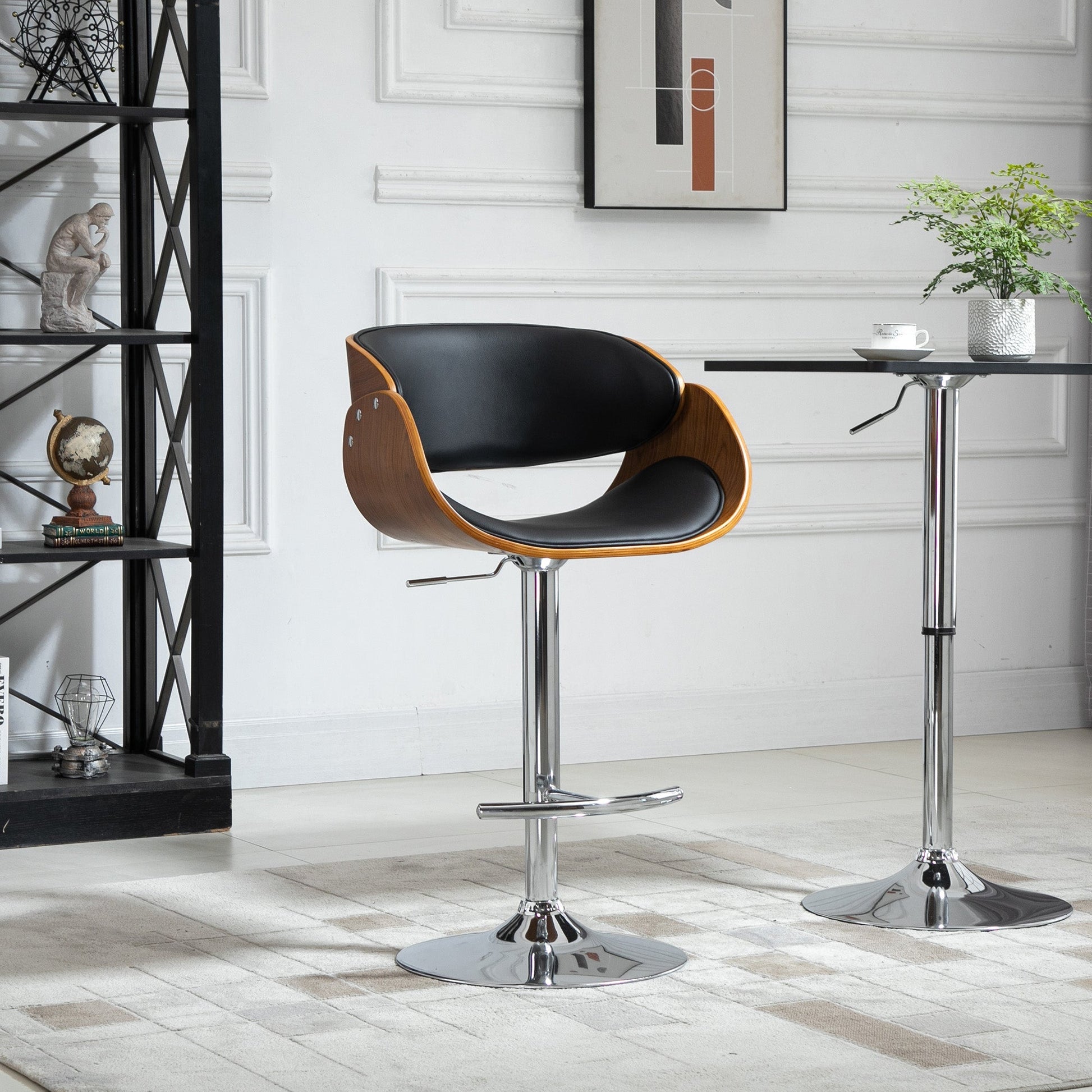 Modern Style Adjustable Bar Chair, PU Leather Swivel Bar Stool with Back, Footrest for Kitchen, Home Bar, Counter, Coffee Shop, Black and Walnut Bar Stools   at Gallery Canada