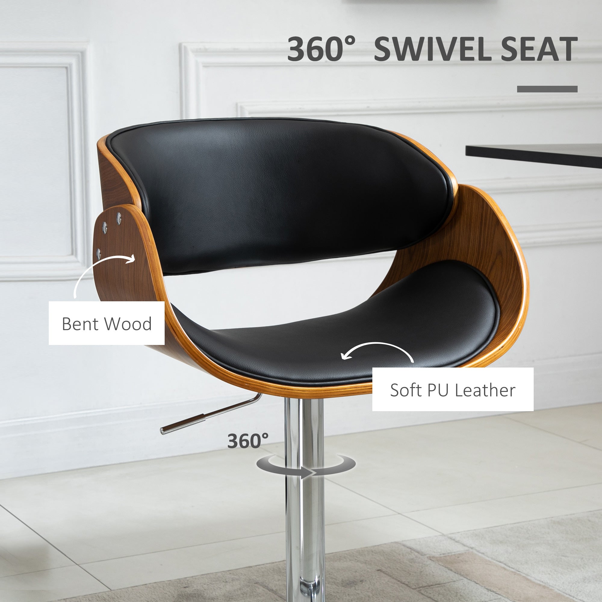 Modern Style Adjustable Bar Chair, PU Leather Swivel Bar Stool with Back, Footrest for Kitchen, Home Bar, Counter, Coffee Shop, Black and Walnut Bar Stools   at Gallery Canada